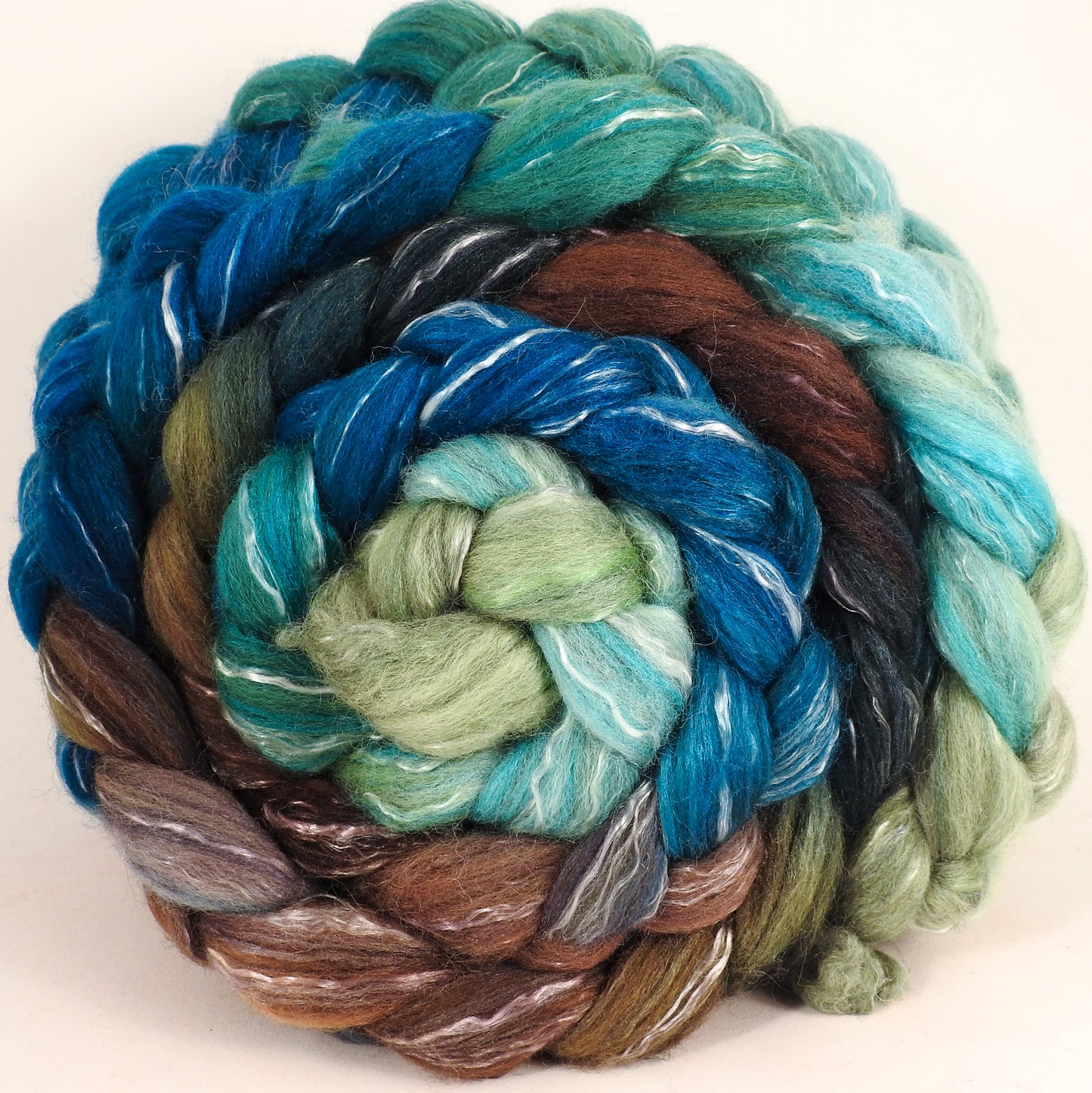 Batt in a Braid #17-Sea Turtle -(5.1 oz.) Grey Corriedale/ Tussah silk/ Tencel (50/25/25) - Inglenook Fibers