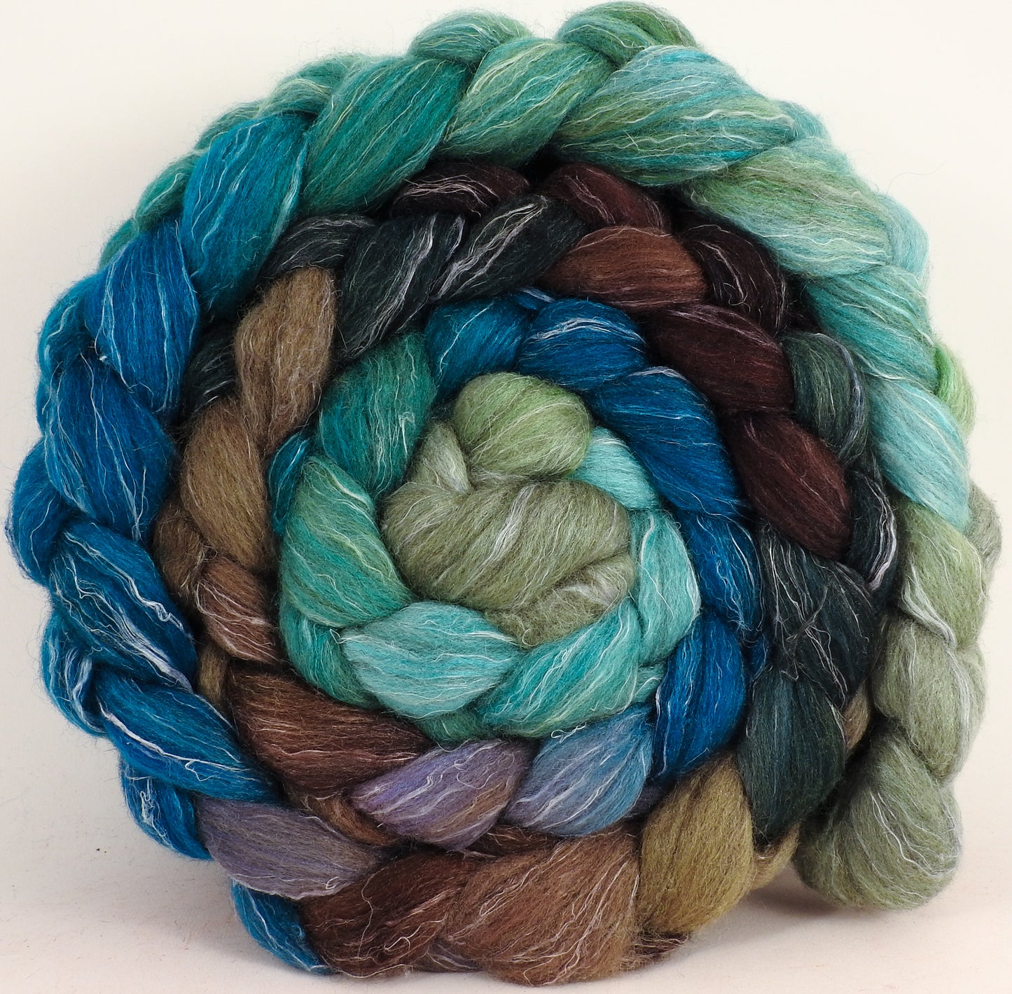 Batt in a Braid #38 -Sea Turtle - (5.3 oz.) Shetland/ Falkland Merino / tussah silk/ flax (40/25/25/10) - Inglenook Fibers