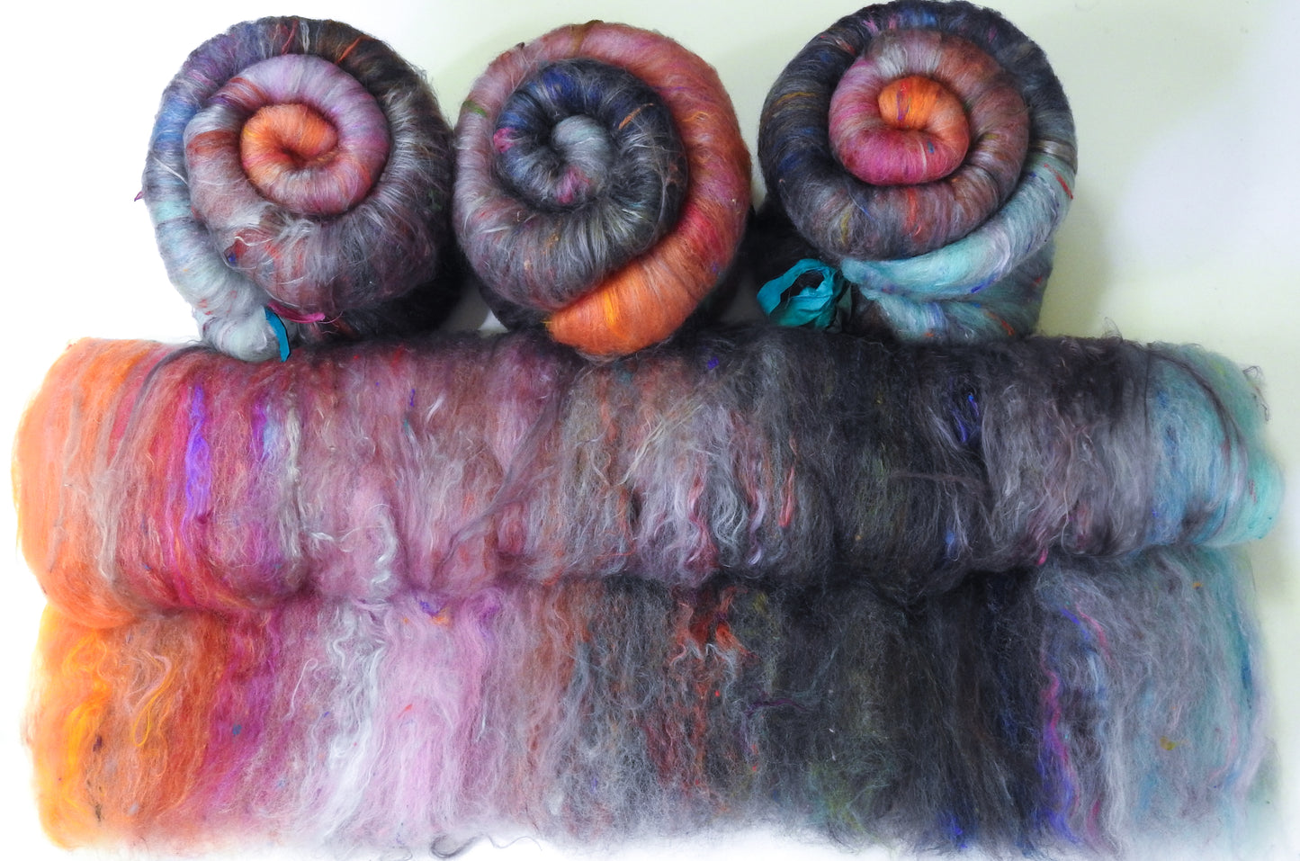 Demoiselles Coiffées-Non-Sparkle Roly-Poly Batts - (3.9 oz)- 30% Corriedale X & Border Leicester/CVM/Rambo fleeces; polwarth, merino, silk, bamboo, silk noil