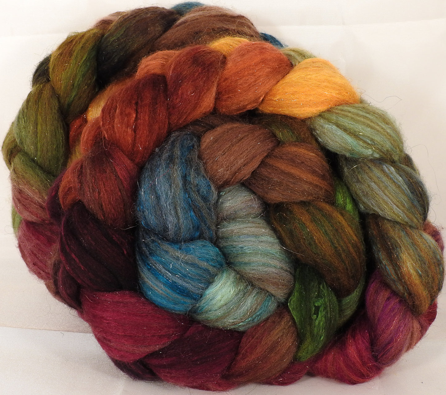 Batt in a Braid #7 -Farm Stand- Polwarth/ Manx / Mulberry silk/ Firestar (30/30/30/10) - Inglenook Fibers