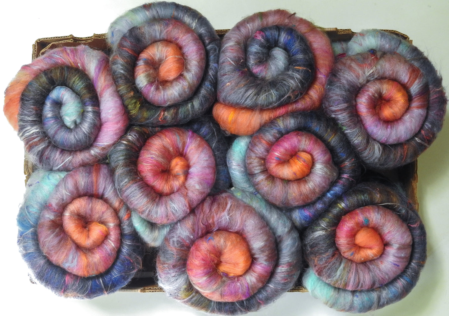 Demoiselles Coiffées-Non-Sparkle Roly-Poly Batts - (3.9 oz)- 30% Corriedale X & Border Leicester/CVM/Rambo fleeces; polwarth, merino, silk, bamboo, silk noil