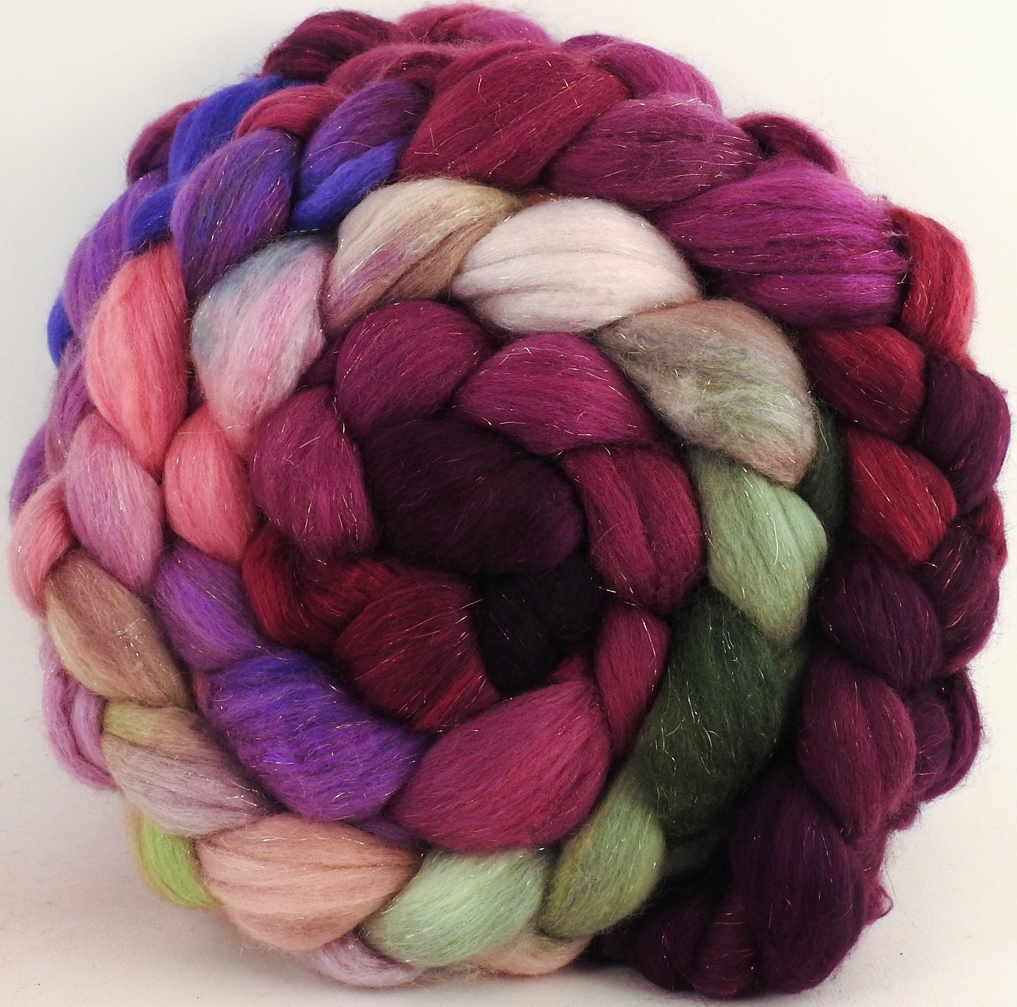 Batt in a Braid #48 - Sweetheart Roses - Superfine Merino/ Mulberry silk/ Camel/ Gold Stellina (55/25/15/5) - Inglenook Fibers