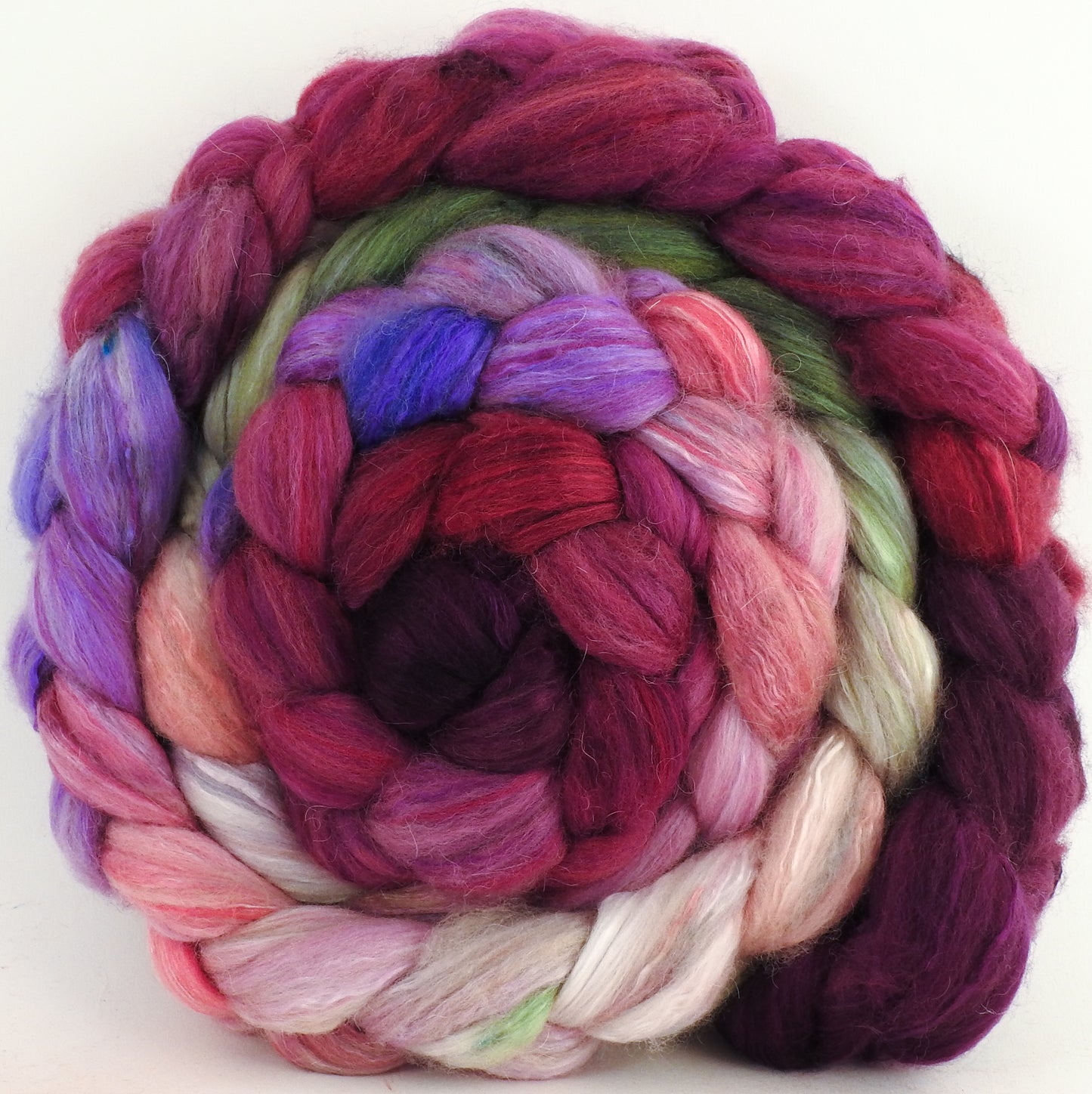 Batt in a Braid #5 -Sweetheart Roses -(6.1 oz.) Merino/ Camel/ silk/ faux cashmere/ firestar (25/25/25/12/12) - Inglenook Fibers