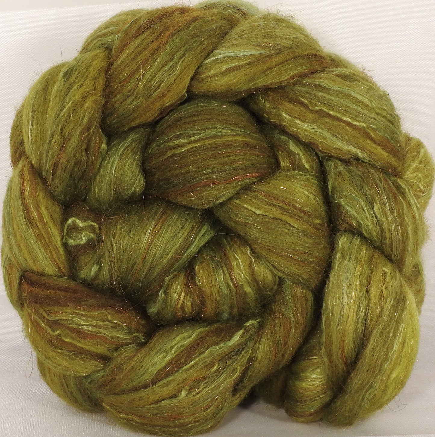 Batt in a Braid #7-Asparagus- (5.2 oz.)Polwarth/ Manx / Mulberry silk/ Firestar (30/30/30/10) - Inglenook Fibers