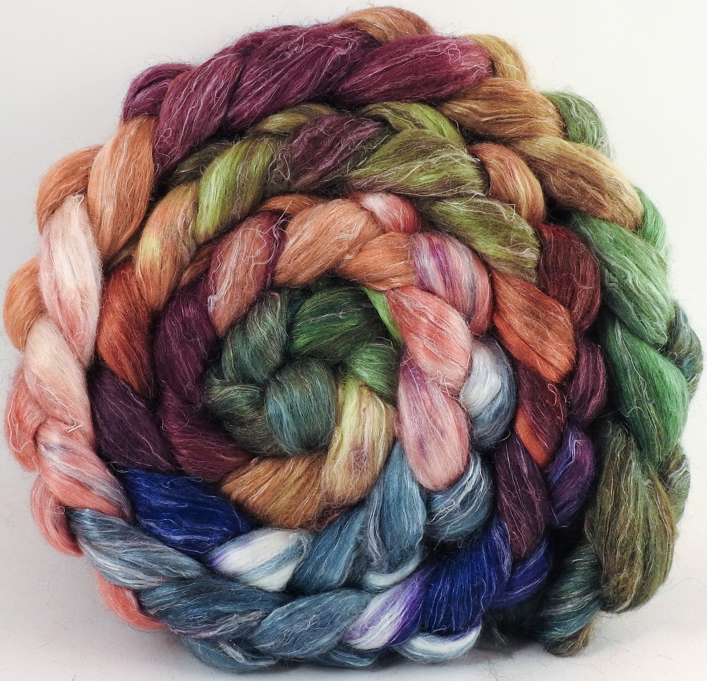 Hand dyed Tussah Silk / flax roving - Bohemian -(65/35)- (6.5 oz.) - Inglenook Fibers