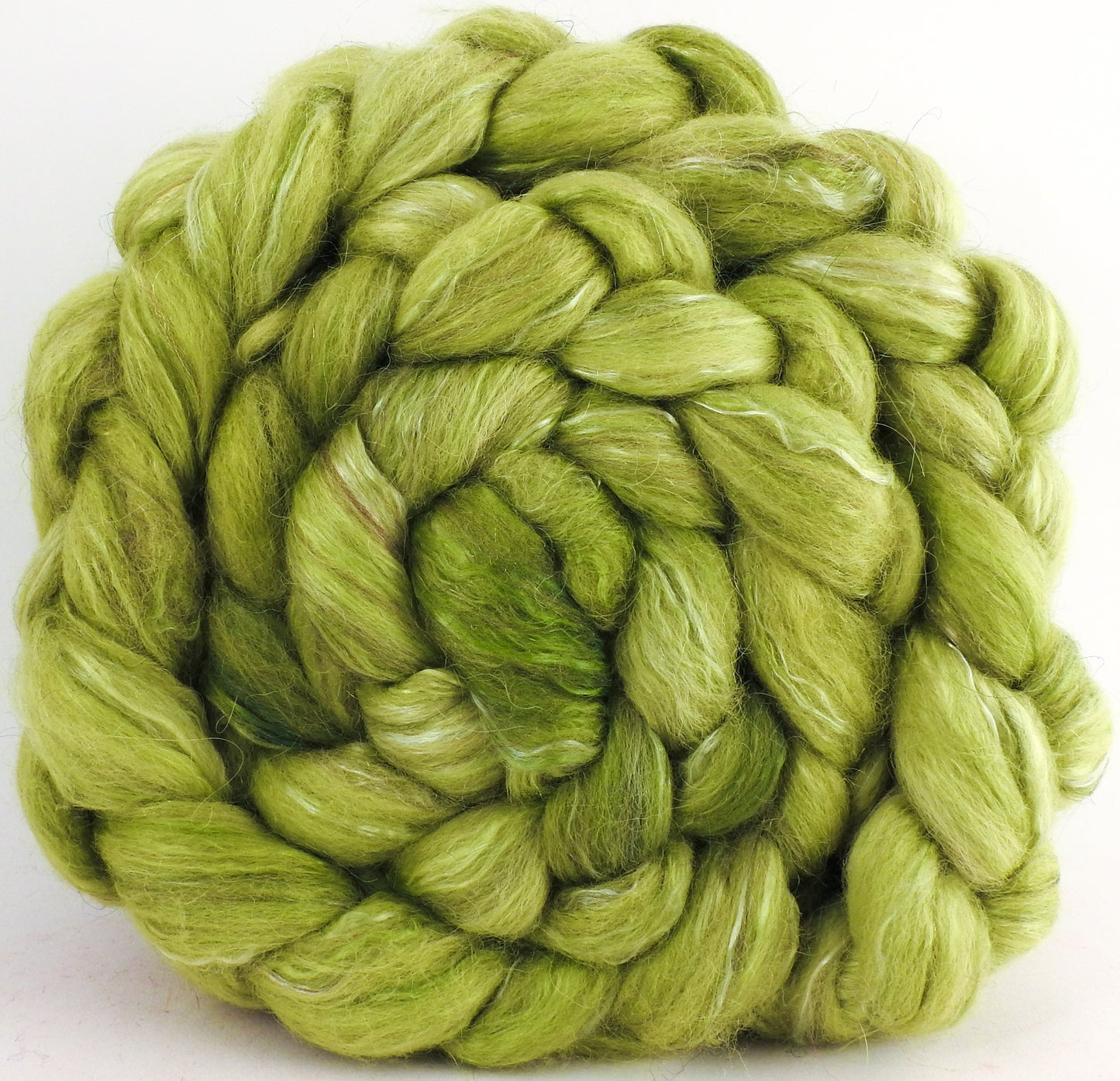 Batt in a Braid #31- Sour Apple -(5.4 oz. ) Polwarth/ Mulberry Silk / Baby Alpaca / Rainbow Firestar/ Tencel( 40/25/15/10/10)