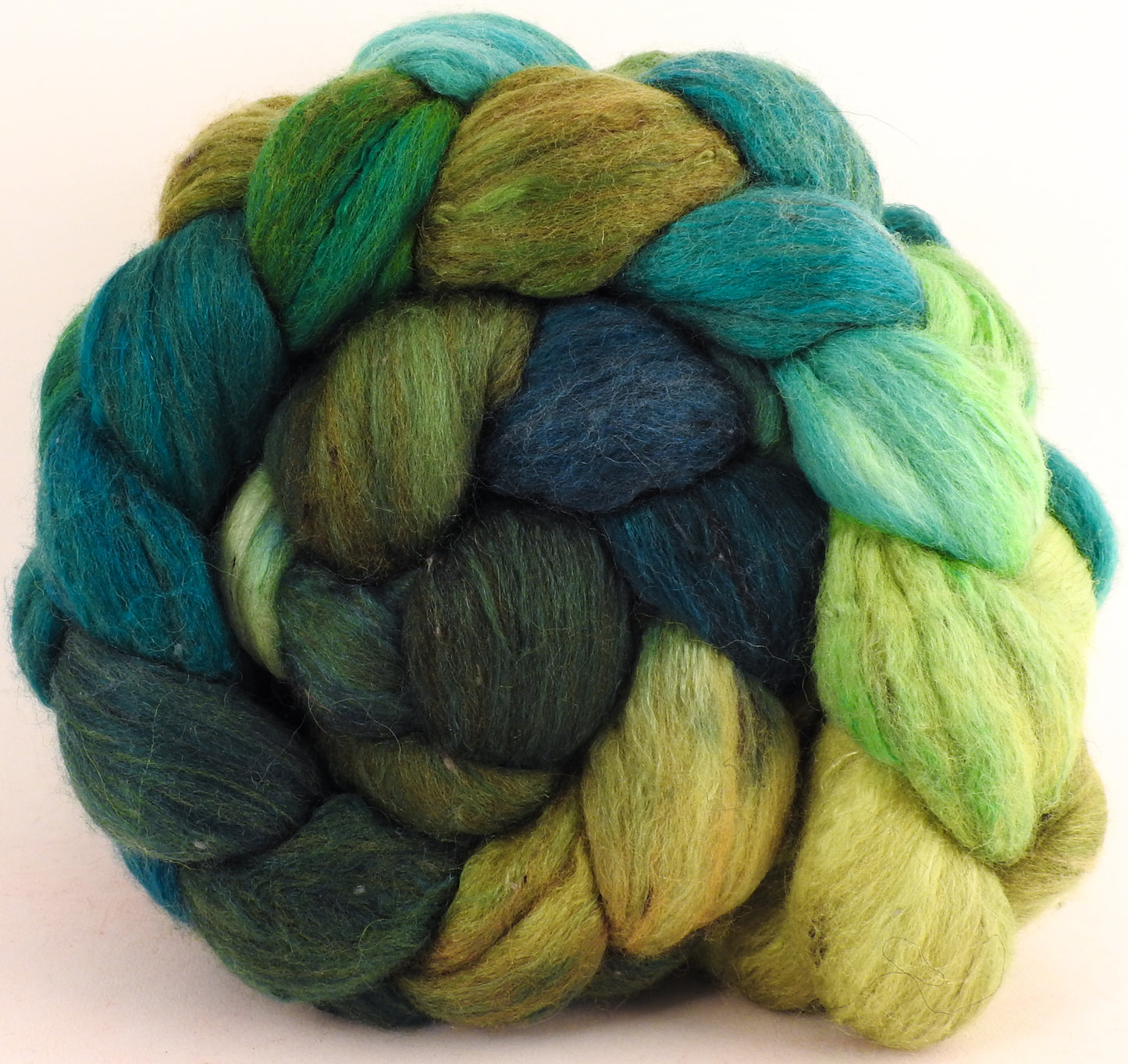 Batt in a Braid #49 -Pesto (5.7 oz) - Polwarth/ Mulberry Silk/ Tweed Blend (50/25/25) - Inglenook Fibers