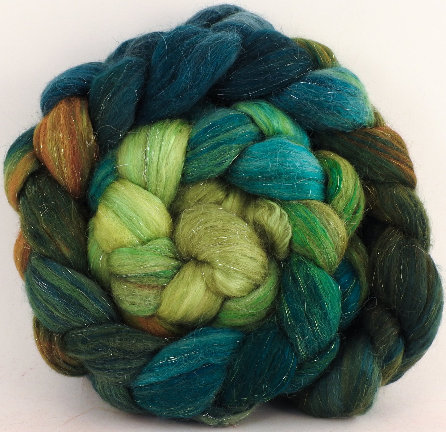 Batt in a Braid #41 -Pesto - (4.9 oz.) Llama / Merino ( 18 mic.)/ Mulberry silk/ Stellina (40/30/25/5) - Inglenook Fibers