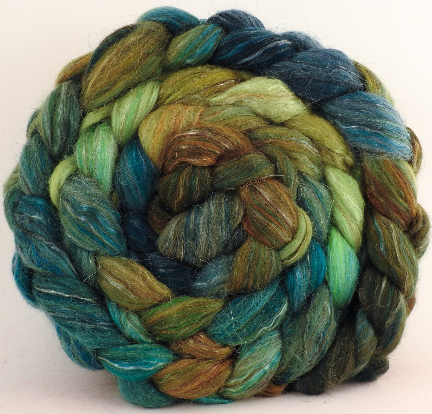 Batt in a Braid #31- Pesto -( 5.3 oz. ) - Polwarth/ Mulberry Silk / Baby Alpaca / Rainbow Firestar/ Tencel( 40/25/15/10/10) - Inglenook Fibers