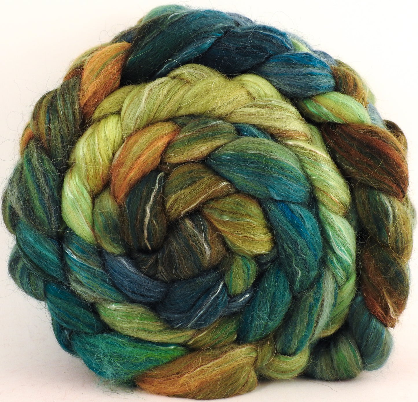 Batt in a Braid #31- Pesto -( 5.3 oz. ) - Polwarth/ Mulberry Silk / Baby Alpaca / Rainbow Firestar/ Tencel( 40/25/15/10/10) - Inglenook Fibers
