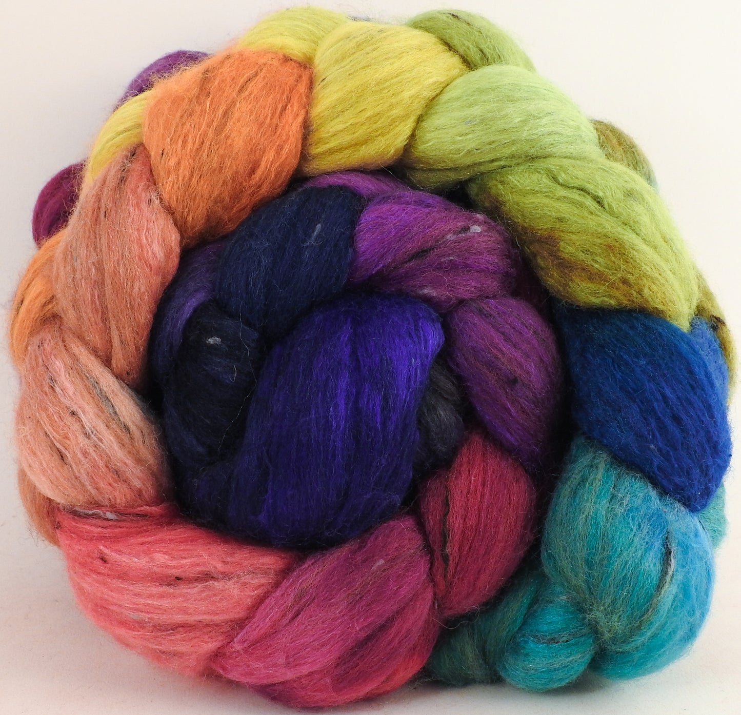 Batt in a Braid #49 -Yarn bombing (5.6 oz) - Polwarth/ Mulberry Silk/ Tweed Blend (50/25/25) - Inglenook Fibers