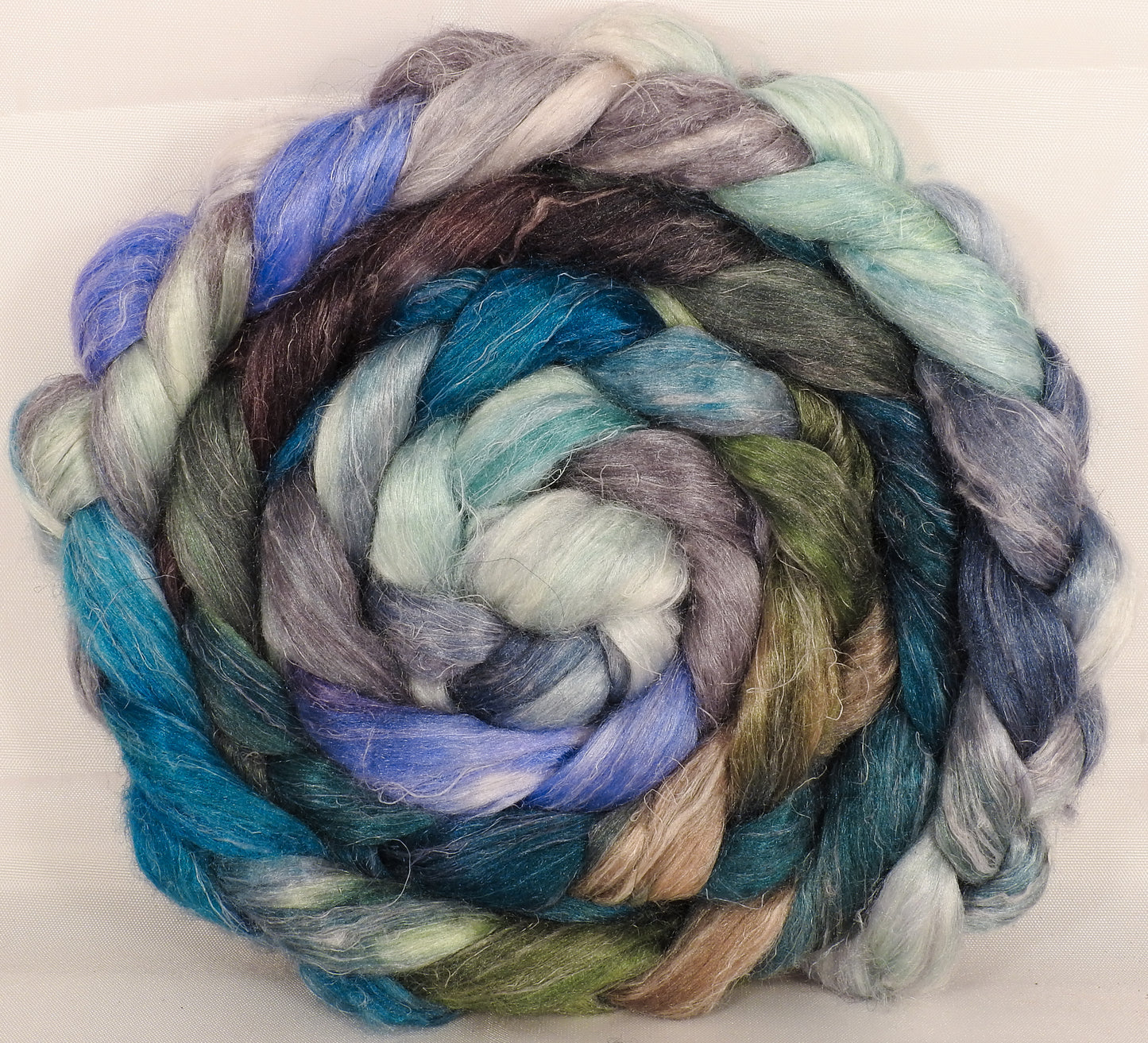 Hand dyed Tussah Silk / flax roving -Tempest- ( 65/35)- (6.3 oz.) - Inglenook Fibers