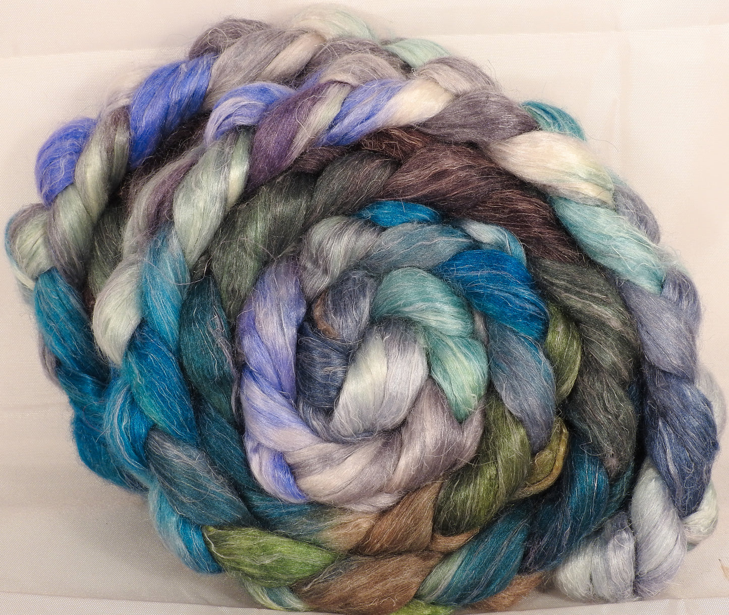 Hand dyed Tussah Silk / flax roving -Tempest- ( 65/35)- (6.3 oz.) - Inglenook Fibers