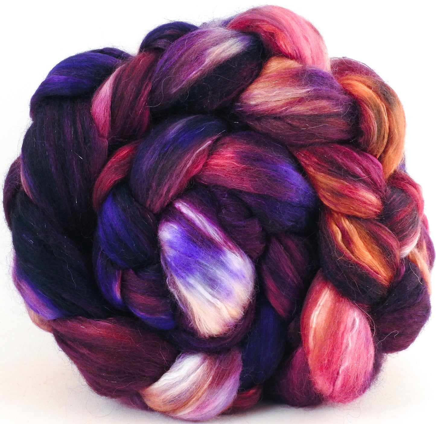 Batt in a Braid #41 -Sticky Fingers - (4.6 oz.) Llama / Merino ( 18 mic.)/ Mulberry silk/ Stellina (40/30/25/5) - Inglenook Fibers