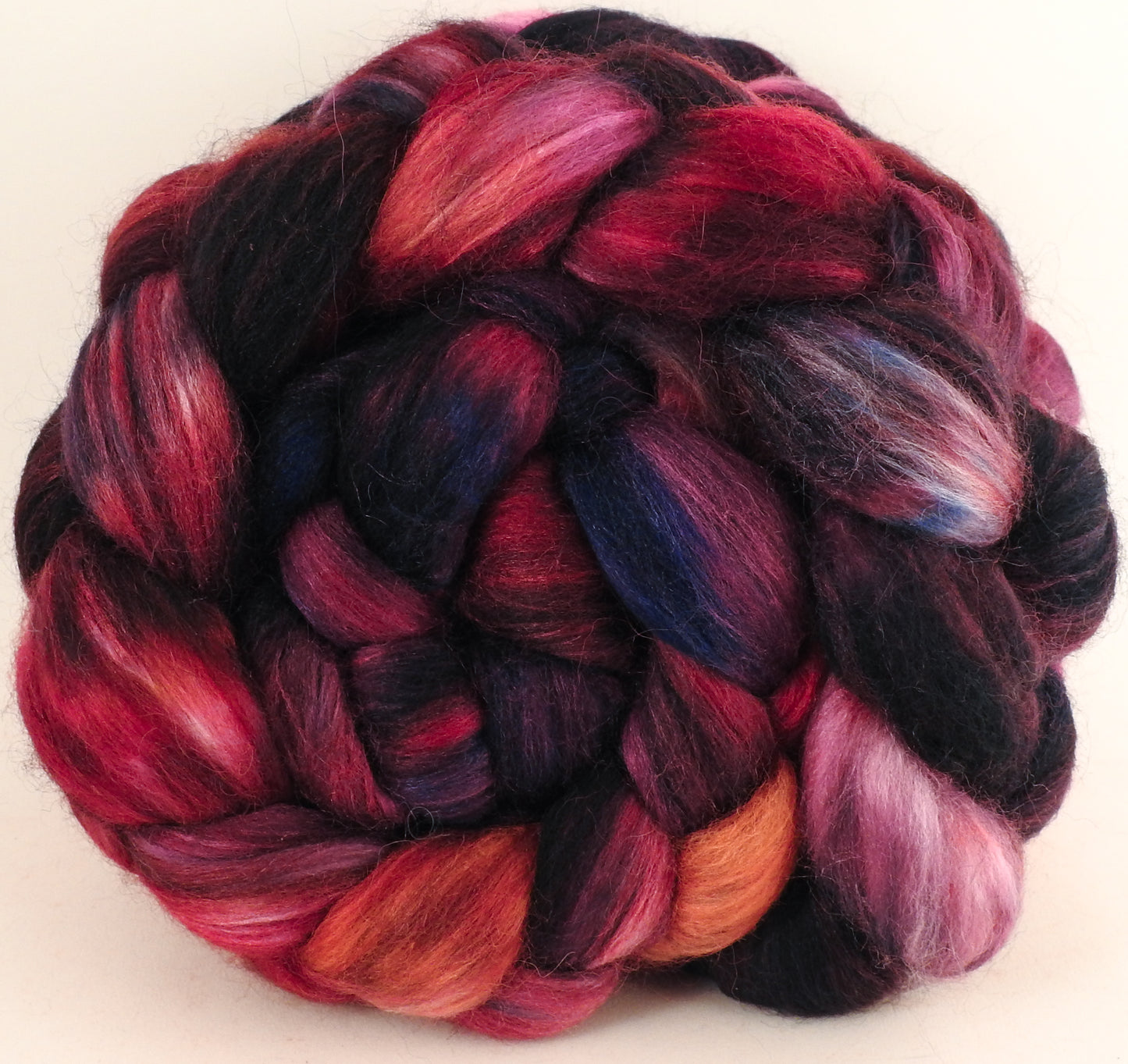 Batt in a Braid #1 - Valentine -(5.8 oz.) Falkland/ Grey Baby Alpaca/ Tussah Silk/ Firestar (40/25/25/10) - Inglenook Fibers