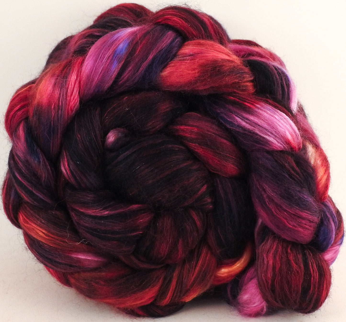 Batt in a Braid #41 -Valentine- (4.8 oz.) Llama / Merino ( 18 mic.)/ Mulberry silk/ Stellina (40/30/25/5) - Inglenook Fibers