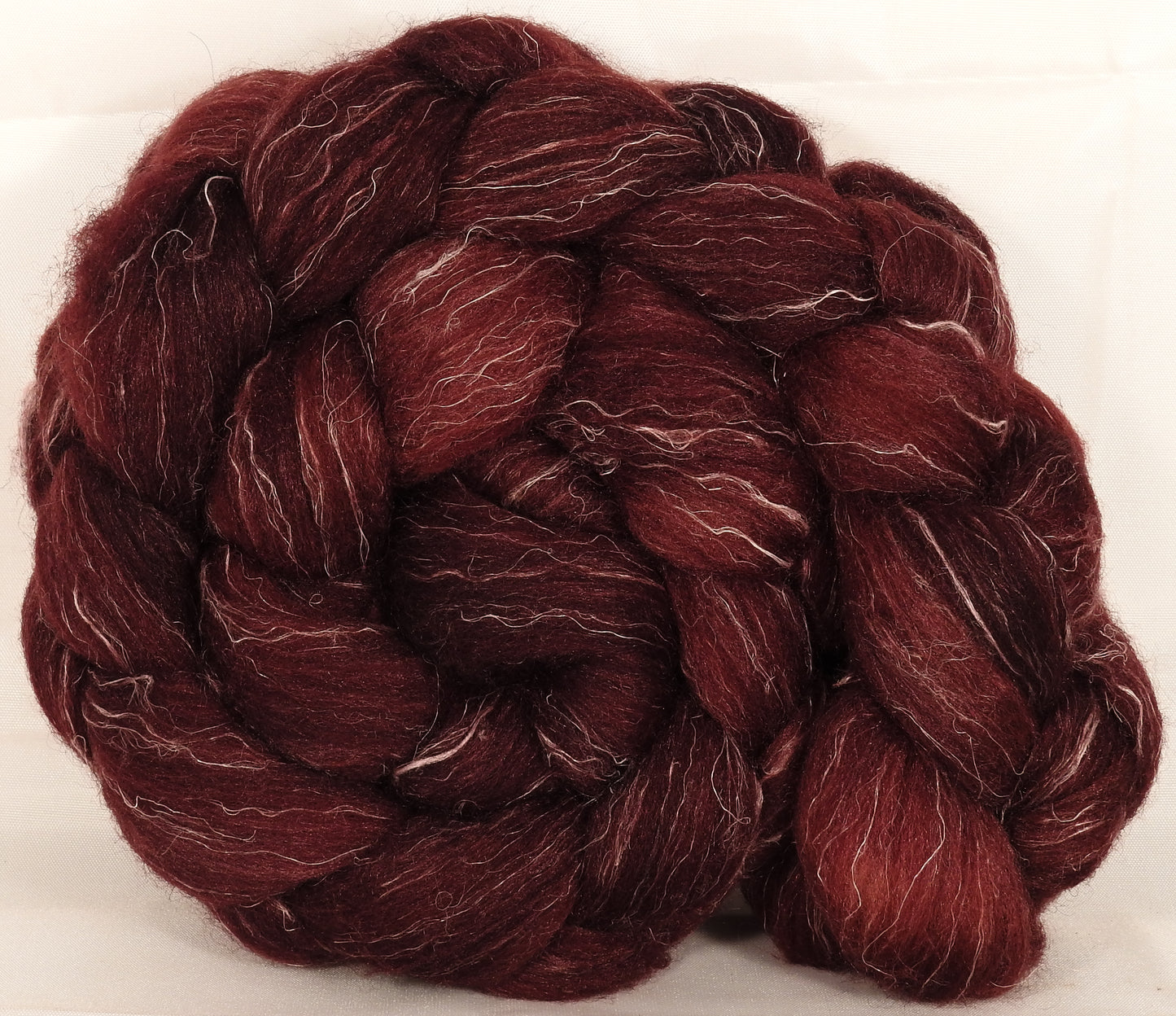Batt in a Braid #38 - Pomegranate - (5.3 oz.) Shetland/ Falkland Merino / tussah silk/ flax (40/25/25/10) - Inglenook Fibers