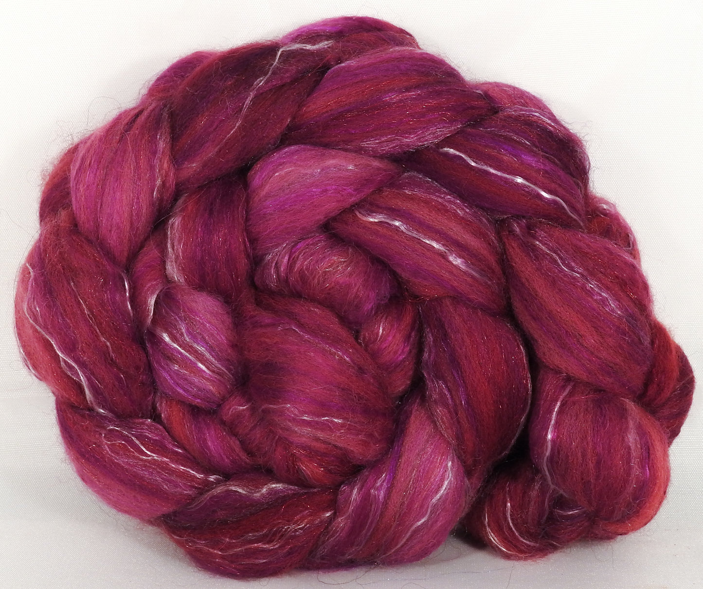 Batt in a Braid #31- Sugar Beet - (4.5 oz. ) Polwarth/ Mulberry Silk / Baby Alpaca / Rainbow Firestar/ Tencel( 40/25/15/10/10) - Inglenook Fibers