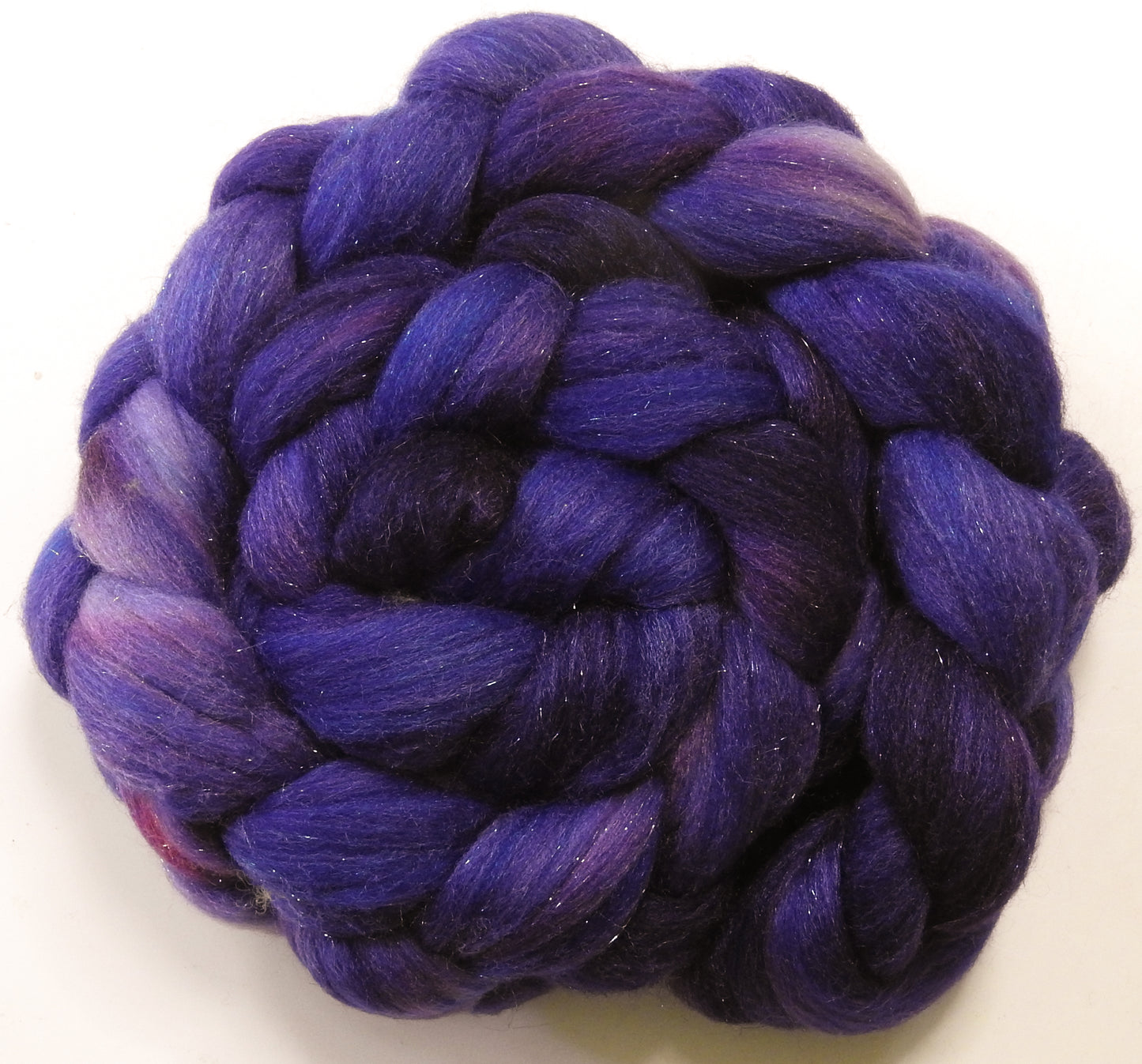 Damson Plum- Batt in a Braid #58-(5.1 oz) Superfine Merino/ Tussah silk/ Gold Stellina(65/25/10)