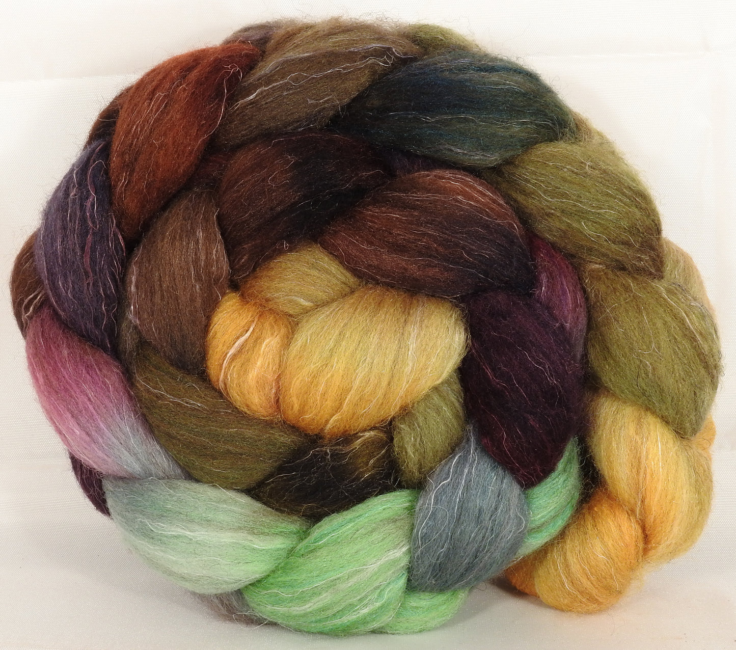 Batt in a Braid #38 -Horn of Plenty-(5.45 oz.)Shetland/ Falkland Merino / tussah silk/ flax (40/25/25/10) - Inglenook Fibers