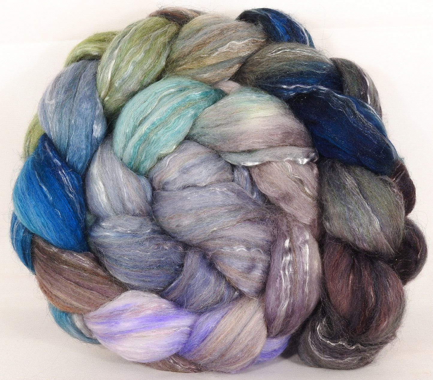 Batt in a Braid #31- Tempest -( 5.5 oz. ) - Polwarth/ Mulberry Silk / Baby Alpaca / Rainbow Firestar/ Tencel( 40/25/15/10/10) - Inglenook Fibers