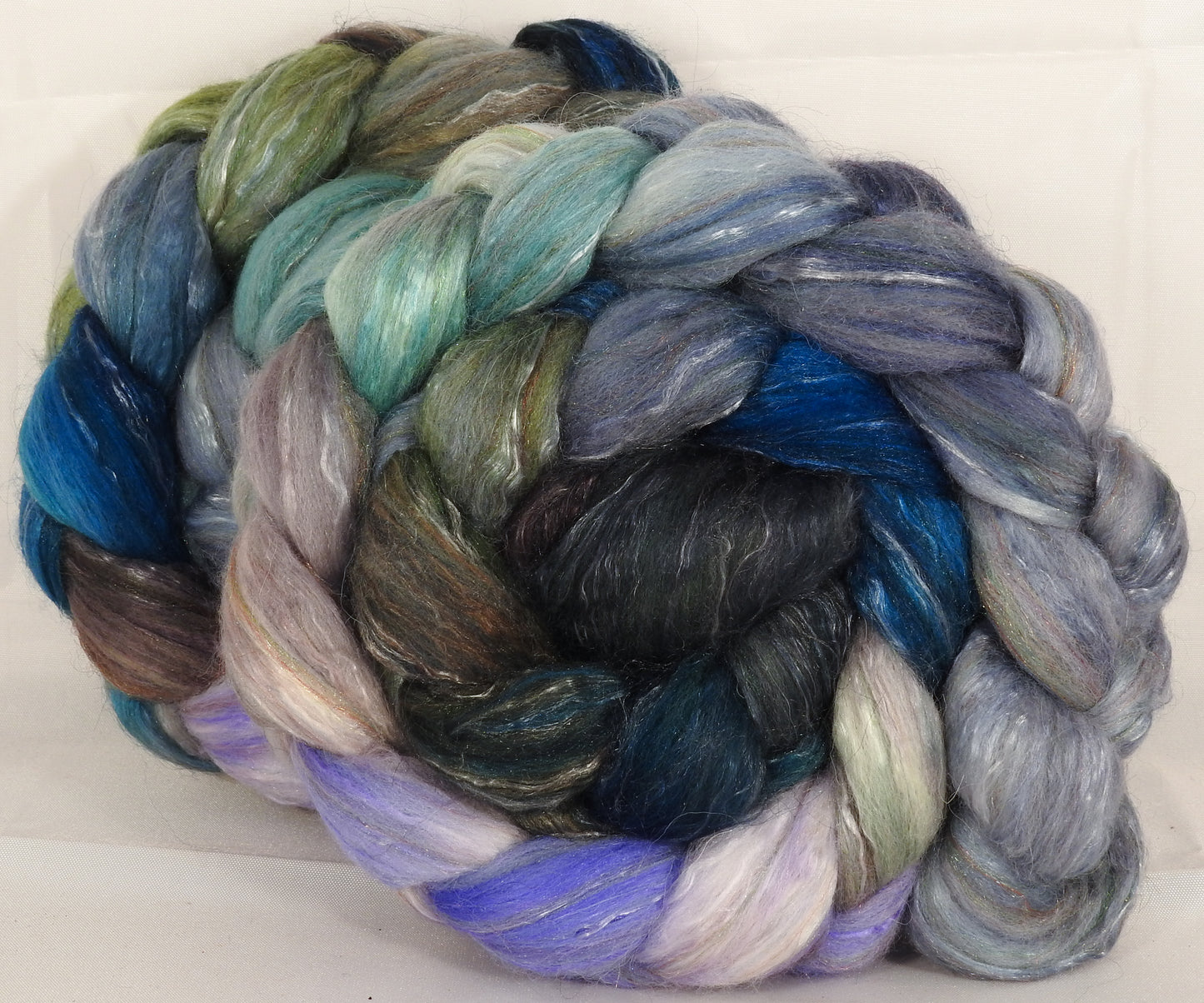 Batt in a Braid #31- Tempest -( 5.5 oz. ) - Polwarth/ Mulberry Silk / Baby Alpaca / Rainbow Firestar/ Tencel( 40/25/15/10/10) - Inglenook Fibers