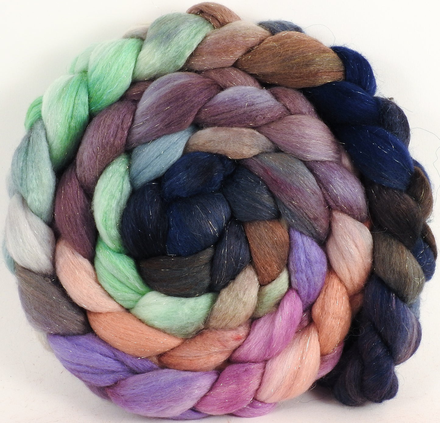 Batt in a Braid #48 -White Nights -(5.1 oz.) Superfine Merino/ Mulberry silk/ Camel/ Gold Stellina (55/25/15/5)