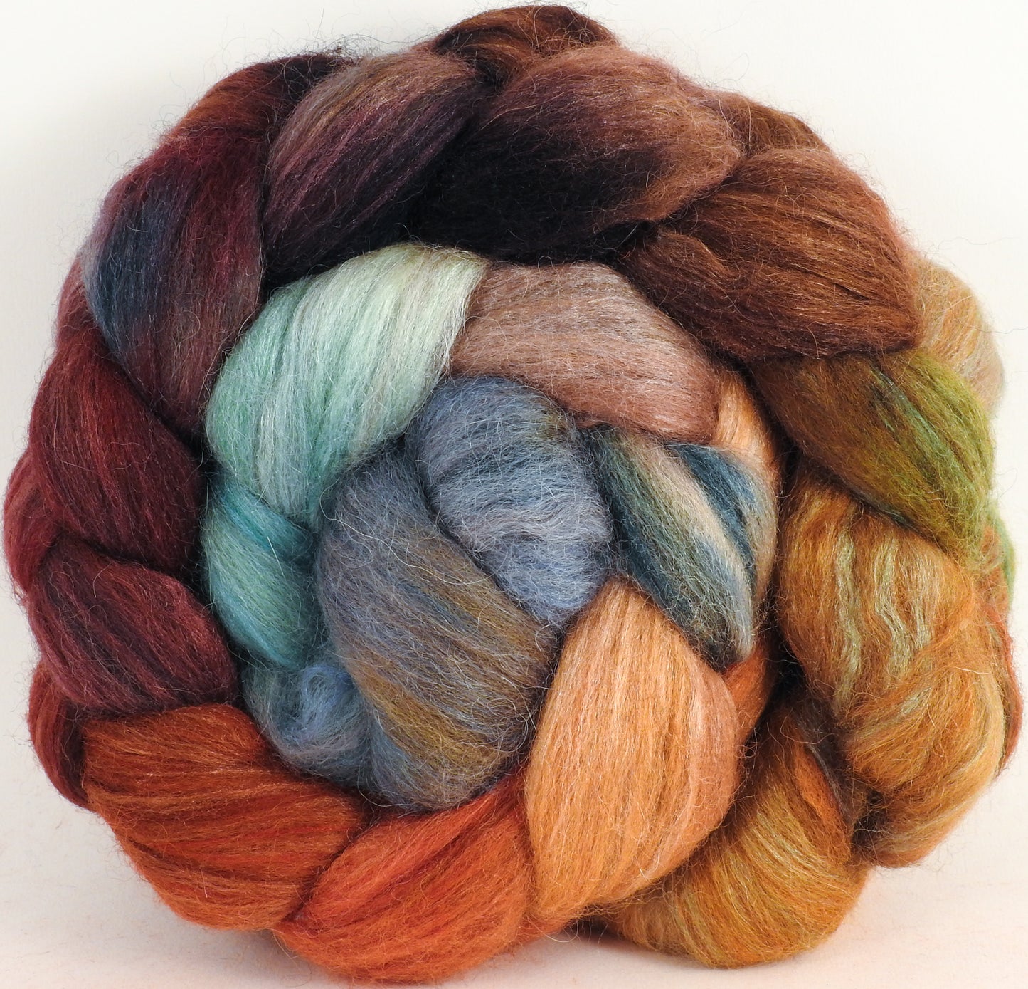 Batt in a Braid #1 -Squirrel's Pantry -(5.7 oz.) Falkland/ Grey Baby Alpaca/ Tussah Silk/ Firestar (40/25/25/10)