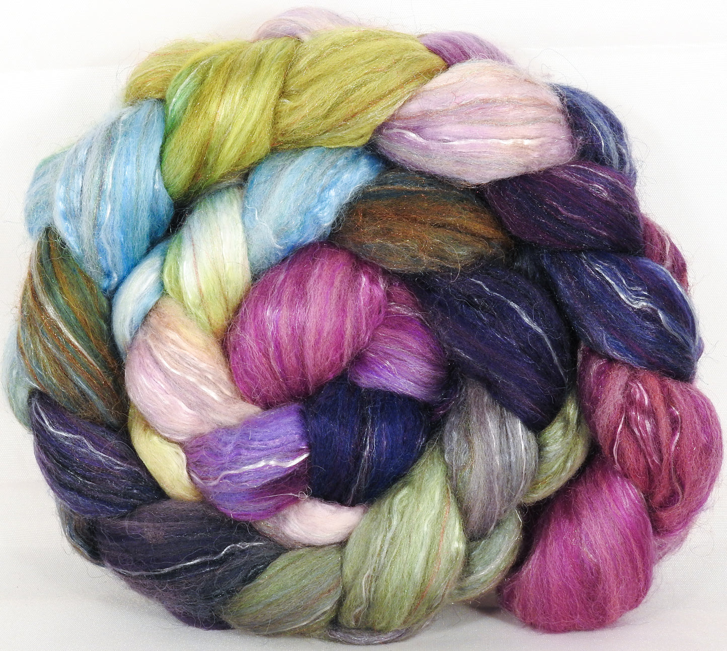 Batt in a Braid #31- Thursday Next - (5.4 oz. ) Polwarth/ Mulberry Silk / Baby Alpaca / Rainbow Firestar/ Tencel( 40/25/15/10/10) - Inglenook Fibers
