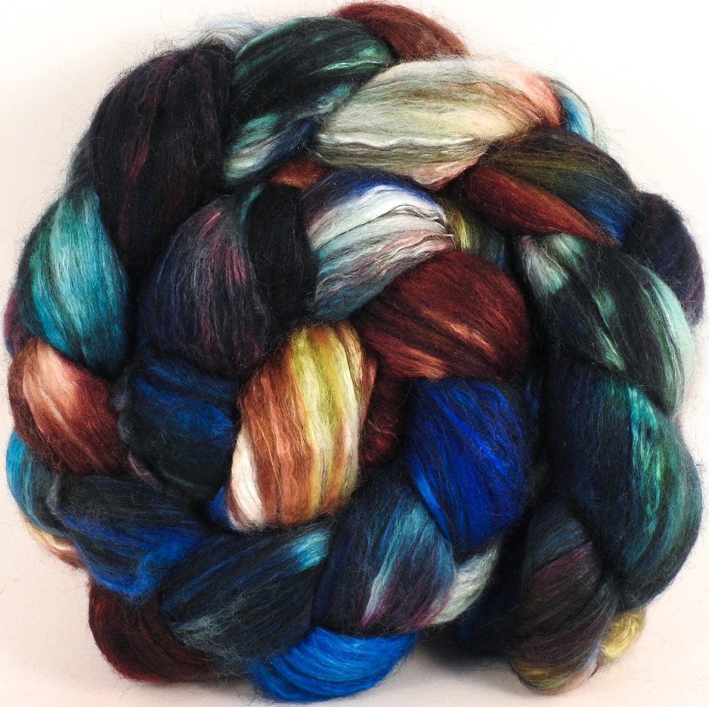 Batt in a Braid #9 -Labradorite -(5.3 oz.) Superfine Merino/ Mulberry Silk / Black Alpaca (50/40/10)