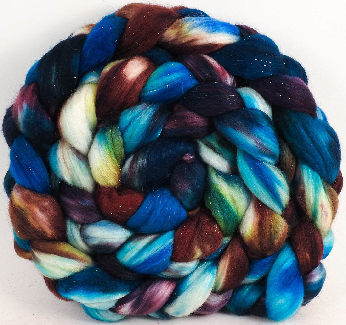 Batt in a Braid #48 -Labradorite -(5.2 oz.) Superfine Merino/ Mulberry silk/ Camel/ Gold Stellina (55/25/15/5)