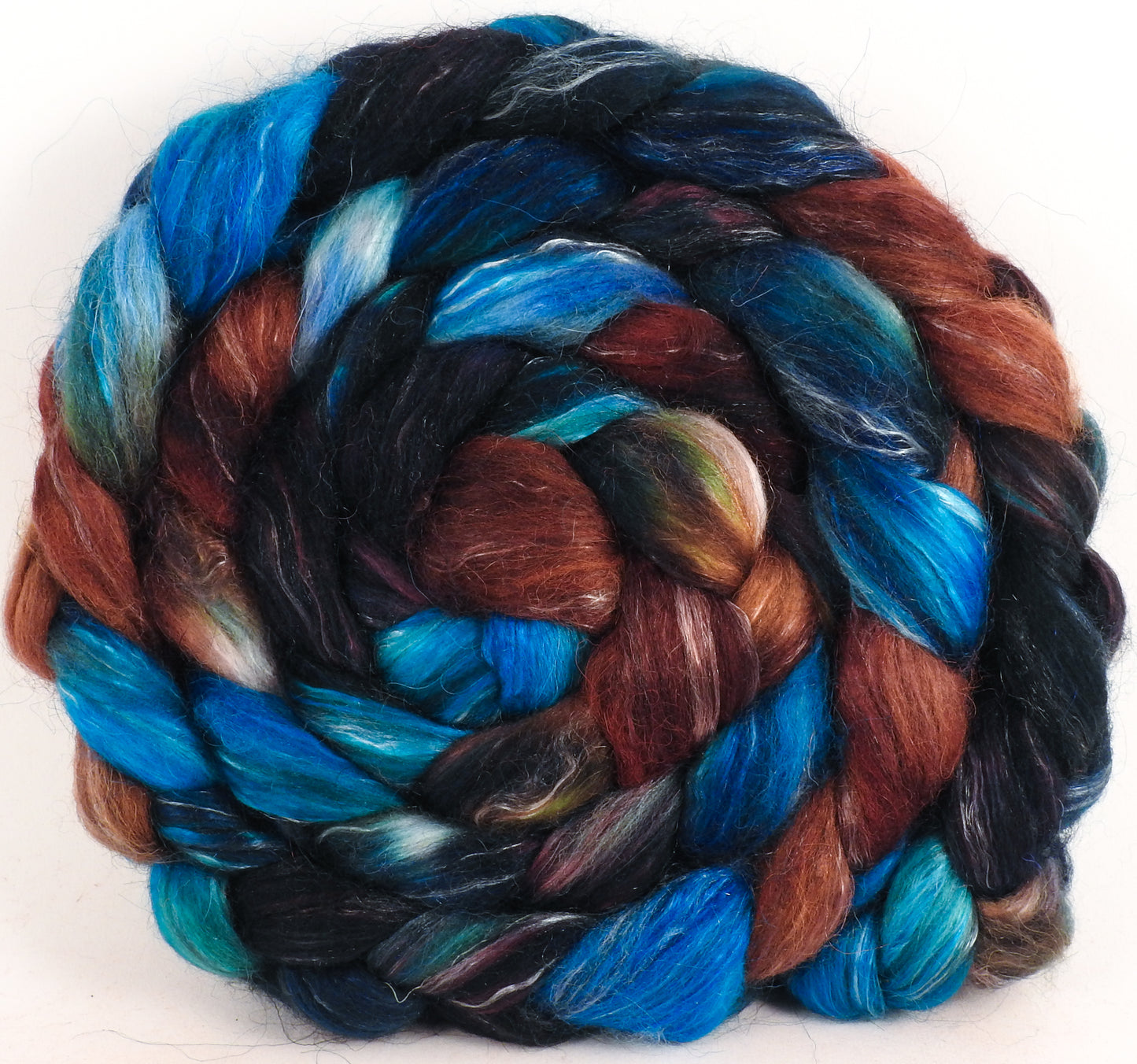 Batt in a Braid #31-Labradorite -( 6.3 oz. )- Polwarth/ Mulberry Silk / Baby Alpaca / Rainbow Firestar/ Tencel( 40/25/15/10/10)