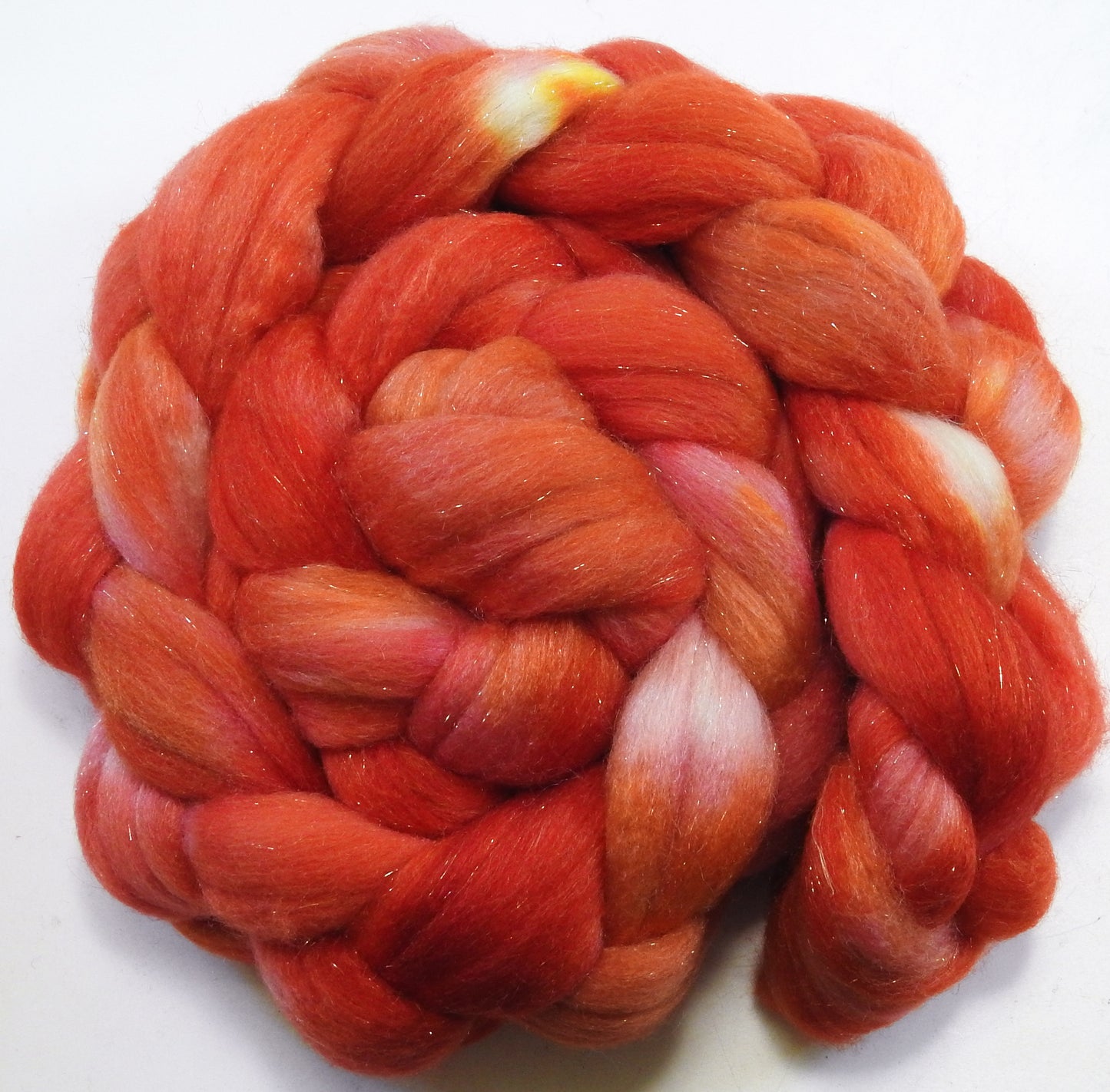 Coral Canna - Batt in a Braid #58-(5.3 oz) Superfine Merino/ Tussah silk/ Gold Stellina(65/25/10)