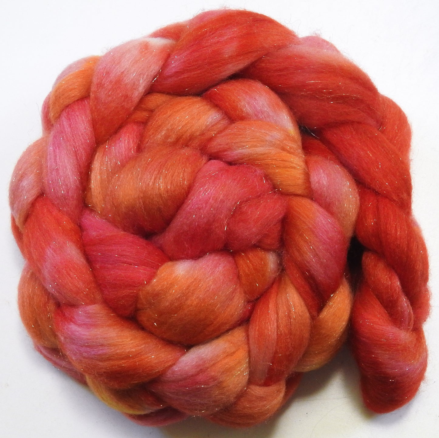 Coral Canna - Batt in a Braid #58-(5.3 oz) Superfine Merino/ Tussah silk/ Gold Stellina(65/25/10)