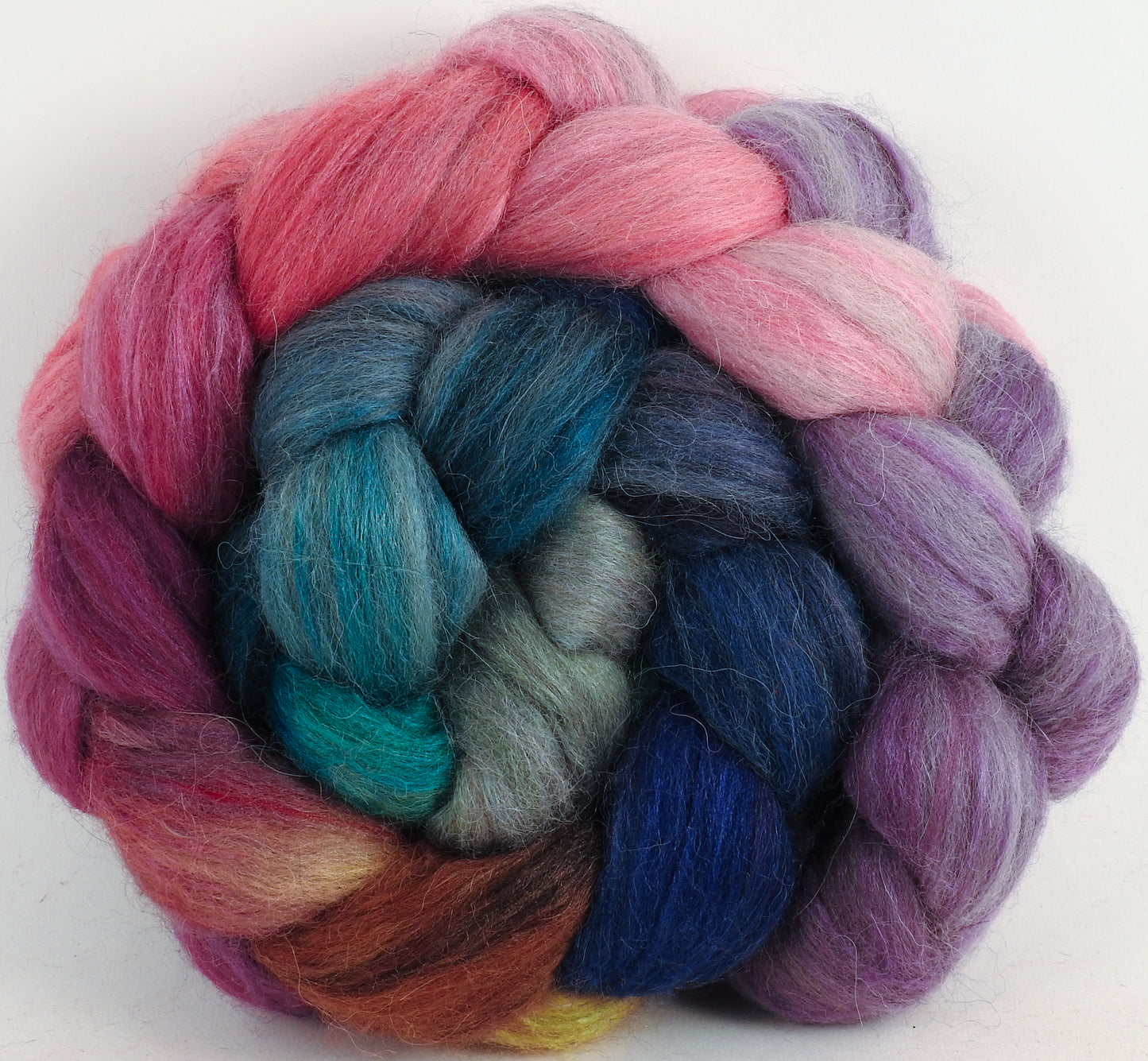 Batt in a Braid #1-Color Me Happy -(5.6 oz.) Falkland/ Grey Baby Alpaca/ Tussah Silk/ Firestar (40/25/25/10)