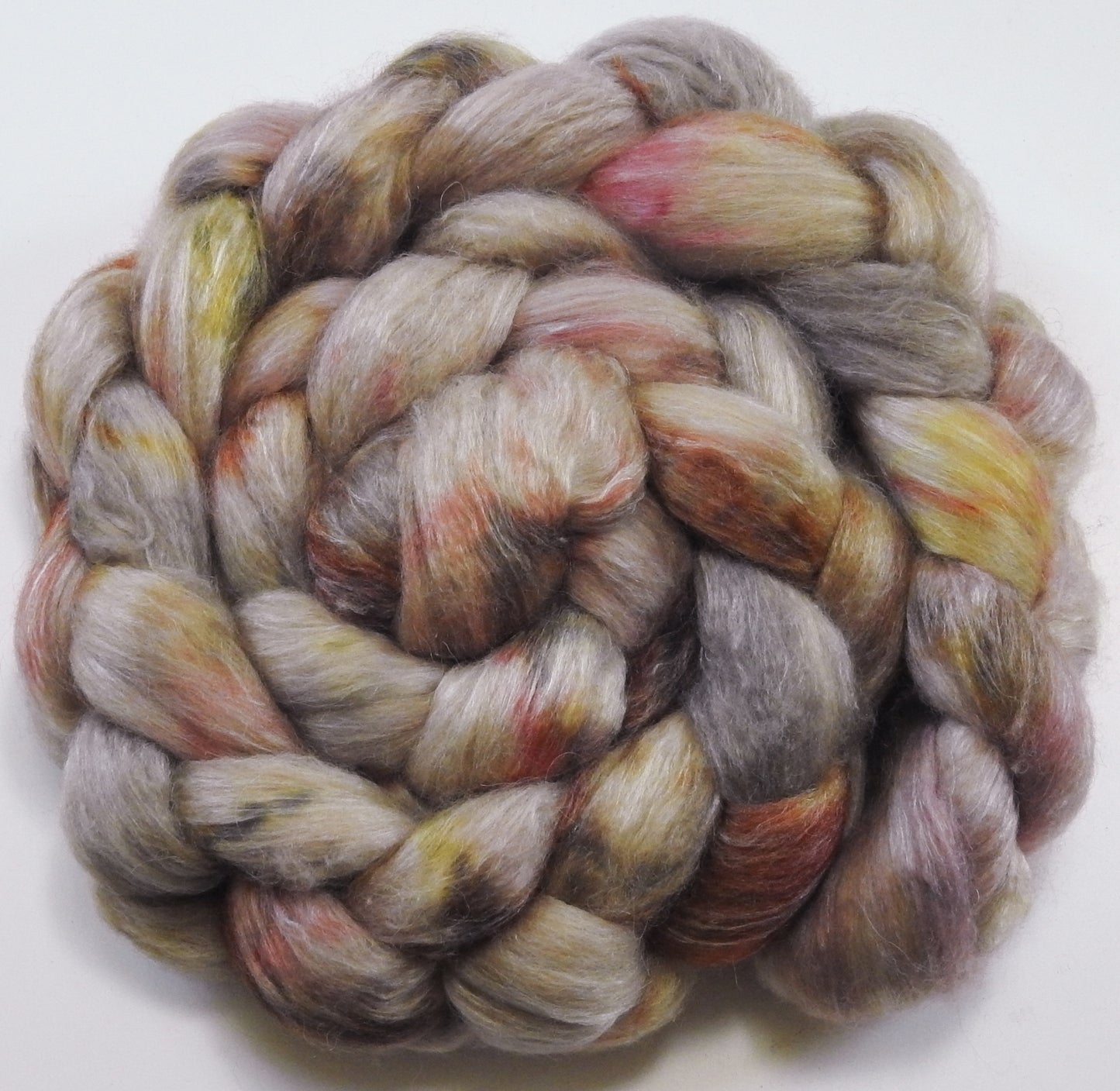 Cockleshells (5.5 oz) Batt in a Braid #57- Camel/Baby Alpaca/Mint fiber (50/25/25)