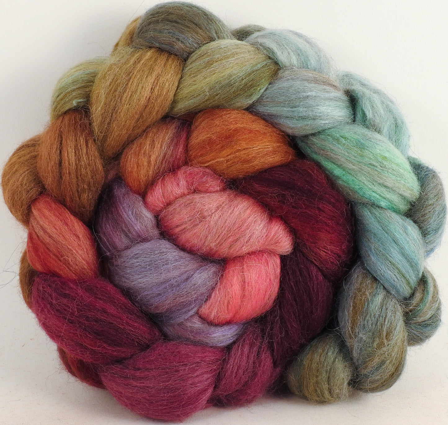 Batt in a Braid #1- Kelim -(5.6 oz.) Falkland/ Grey Baby Alpaca/ Tussah Silk/ Firestar (40/25/25/10)