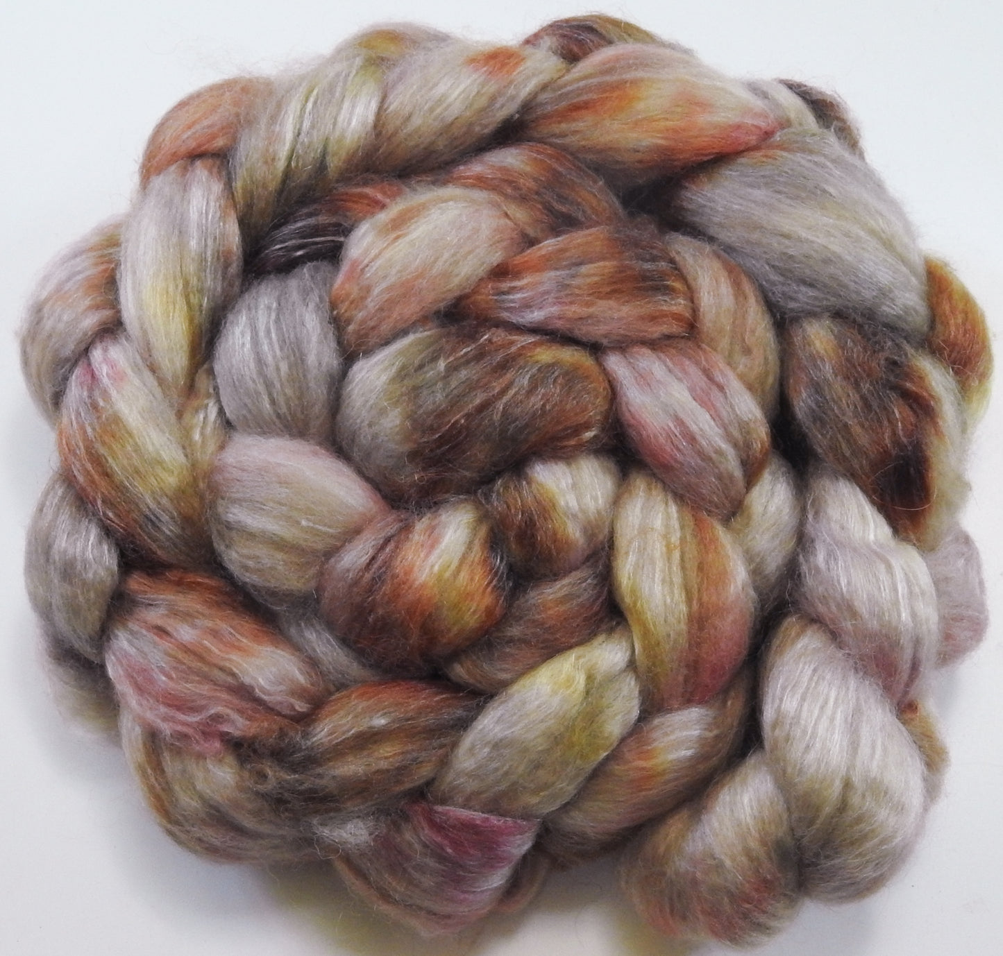 Cockleshells (5.5 oz) Batt in a Braid #57- Camel/Baby Alpaca/Mint fiber (50/25/25)