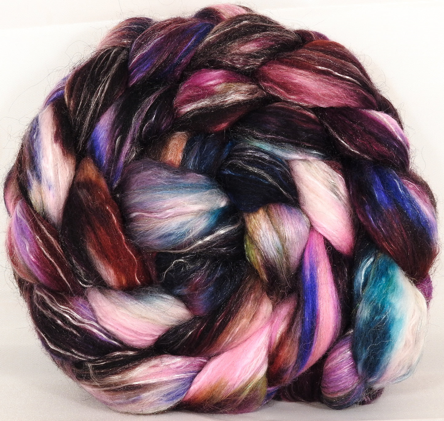 Batt in a Braid #31-Fragile-2 -( 6.6 oz. ) - Polwarth/ Mulberry Silk / Baby Alpaca / Rainbow Firestar/ Tencel( 40/25/15/10/10) - Inglenook Fibers