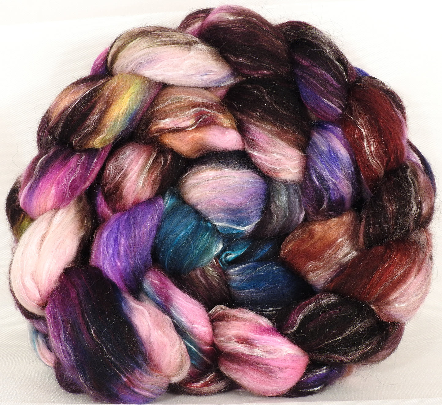 Batt in a Braid #31-Fragile-2 -( 6.6 oz. ) - Polwarth/ Mulberry Silk / Baby Alpaca / Rainbow Firestar/ Tencel( 40/25/15/10/10) - Inglenook Fibers