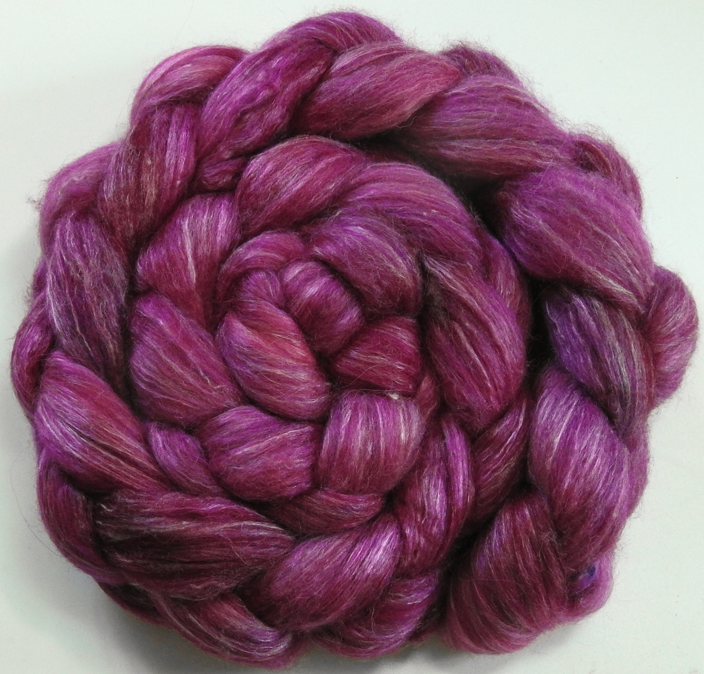 Dragonfruit (5.4 oz) Batt in a Braid #57- Camel/Baby Alpaca/Mint fiber (50/25/25)