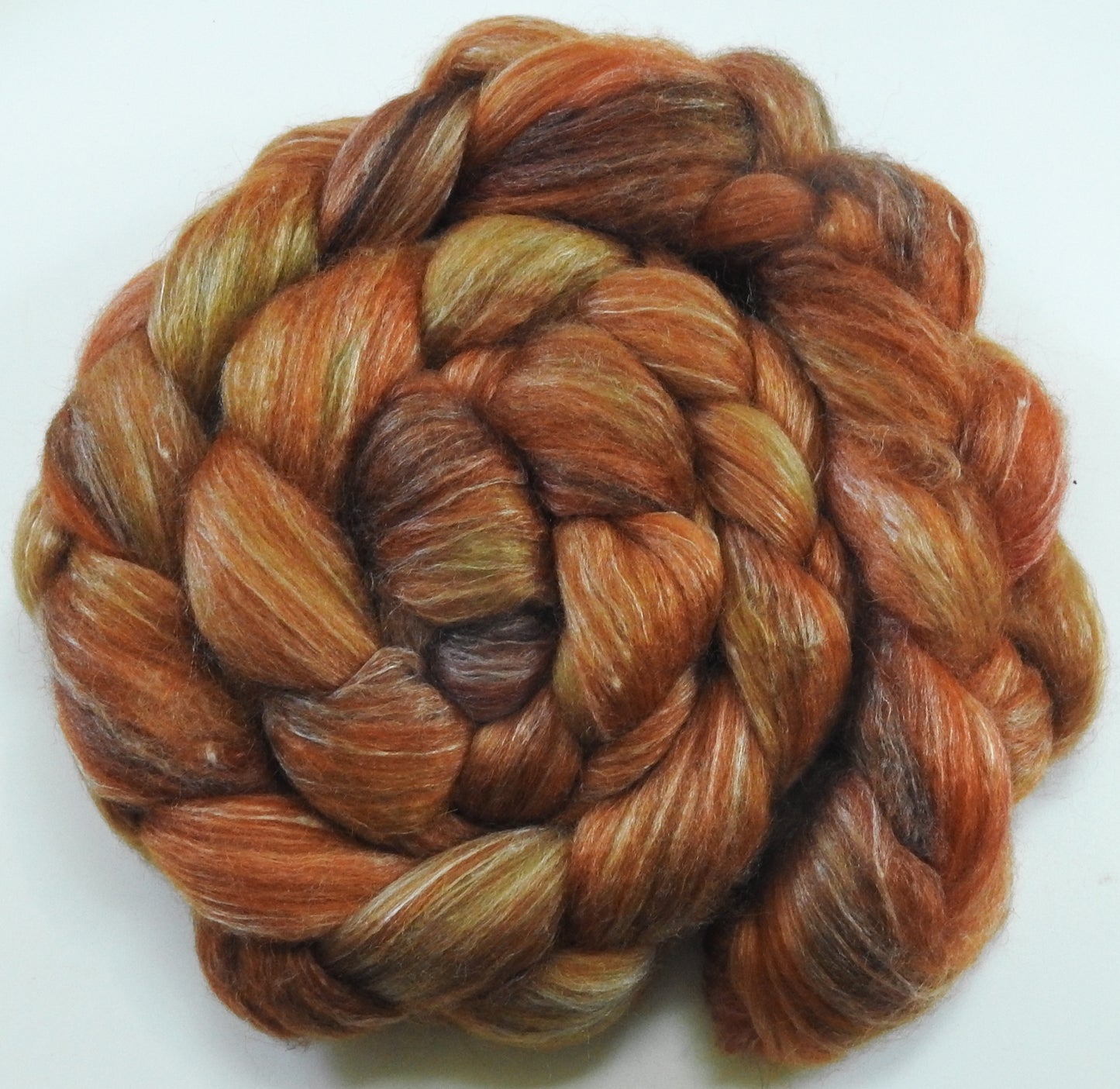 Brickle (5.4 oz) Batt in a Braid #57- Camel/Baby Alpaca/Mint fiber (50/25/25)