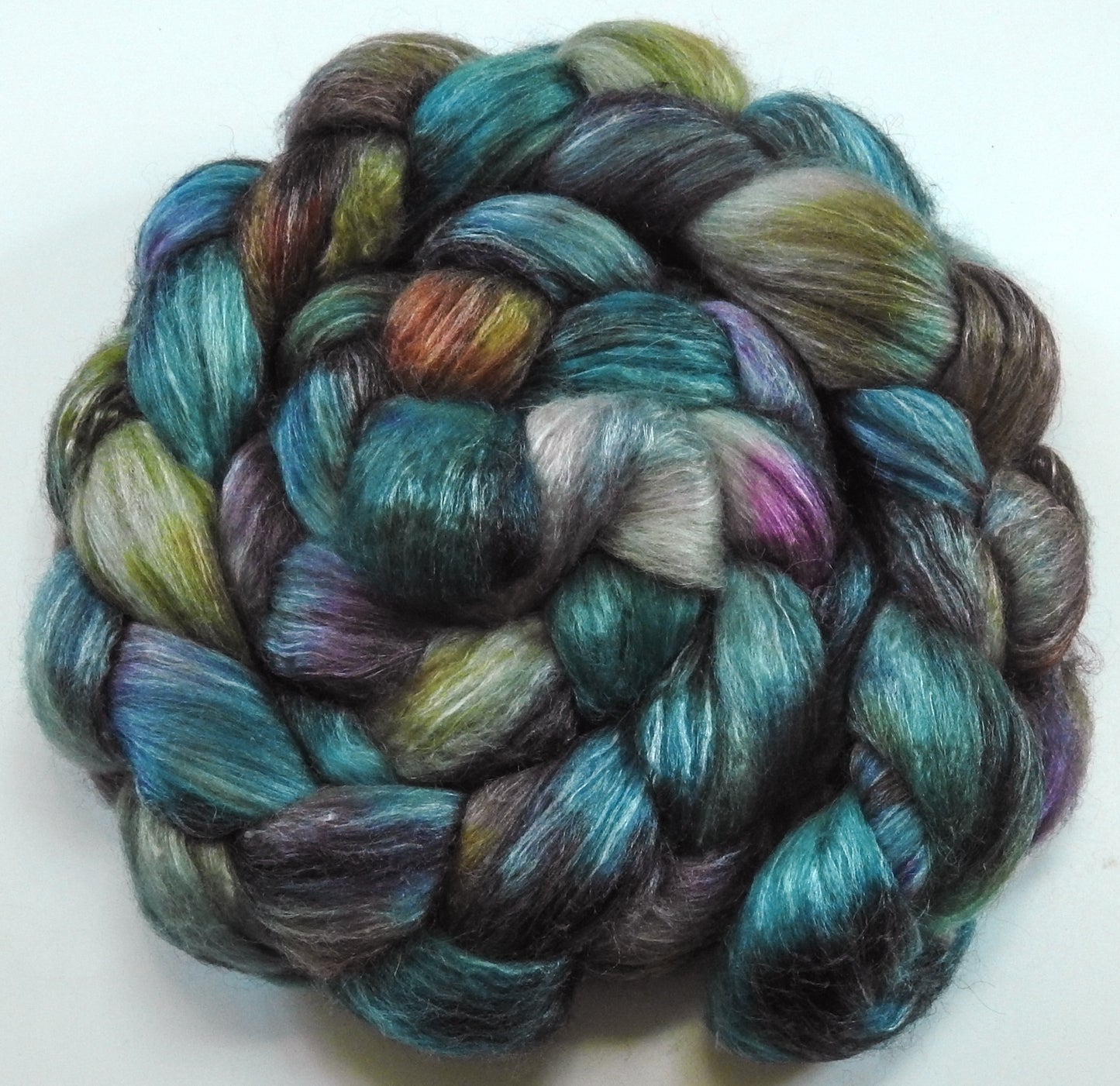 Second Wind (5.4 oz) Batt in a Braid #57- Camel/Baby Alpaca/Mint fiber (50/25/25)