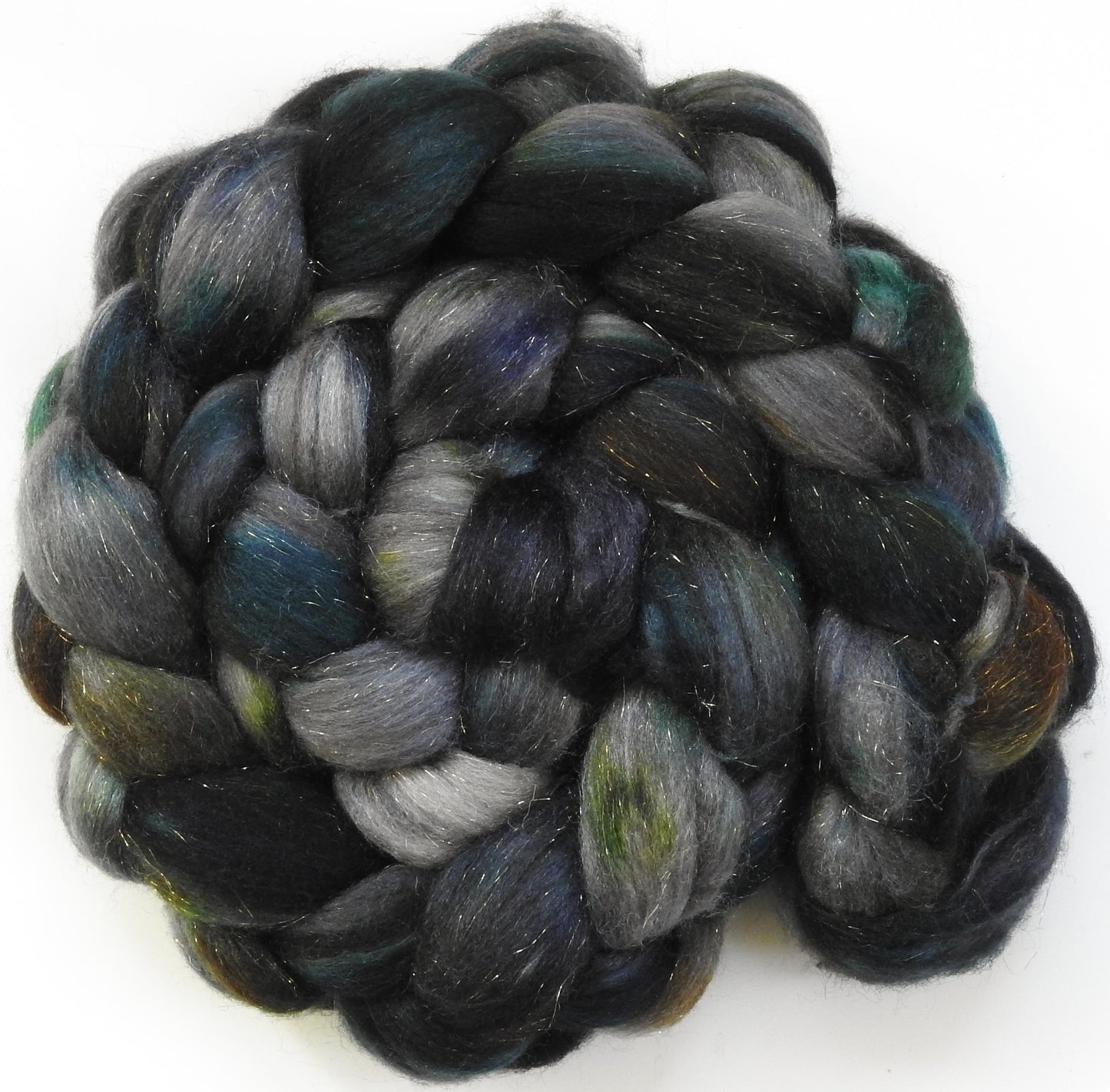 Nuts & Bolts -(5.2 oz)Fusion Series- Batt in a Braid #53- YAK/ Tussah silk/ Superfine Merino/Gold Stellina(30/30/30/10)