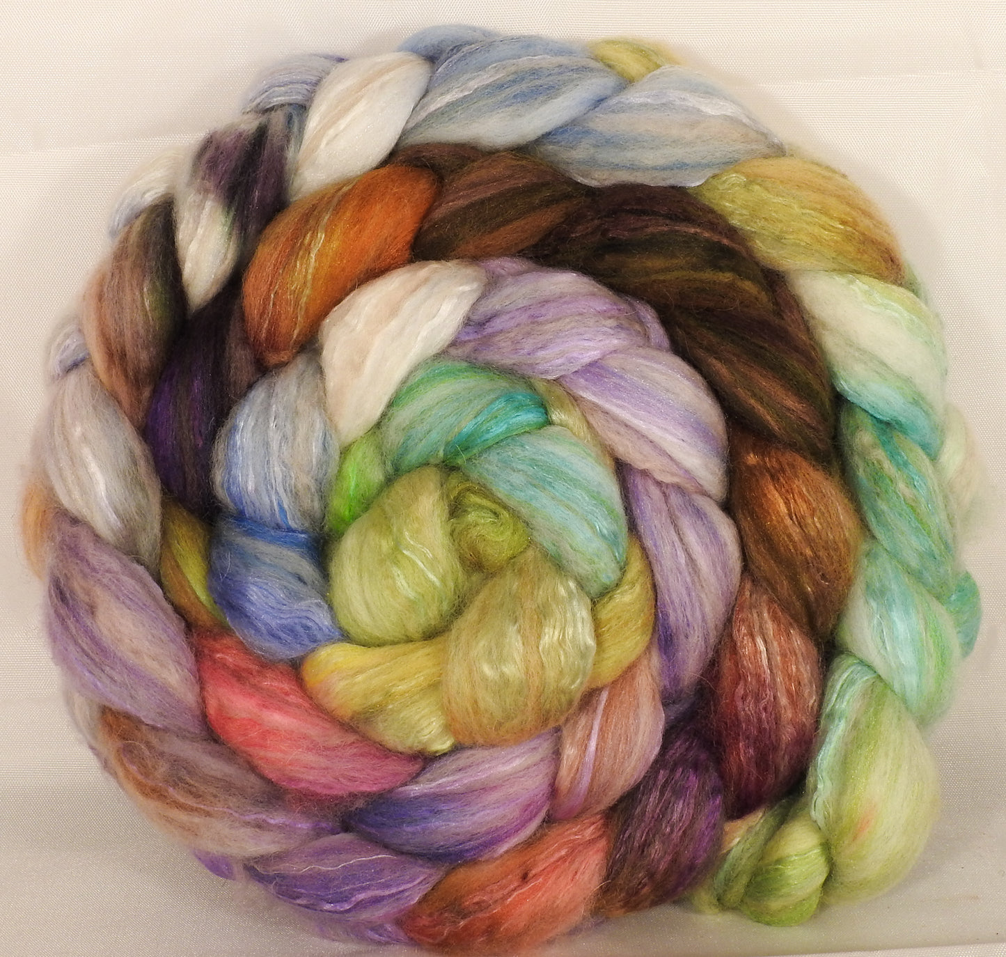 Batt in a Braid #5 - Glass Ornaments - Merino/ Camel/ silk/ faux cashmere/ firestar (25/25/25/12/12) - Inglenook Fibers