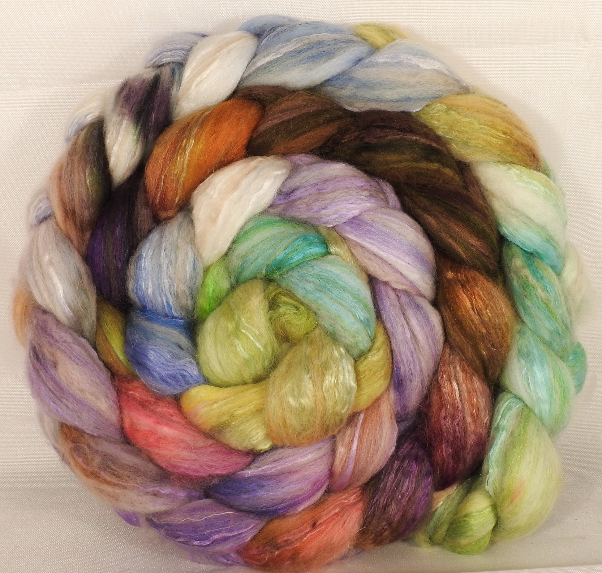 Batt in a Braid #5 - Glass Ornaments - Merino/ Camel/ silk/ faux cashmere/ firestar (25/25/25/12/12) - Inglenook Fibers