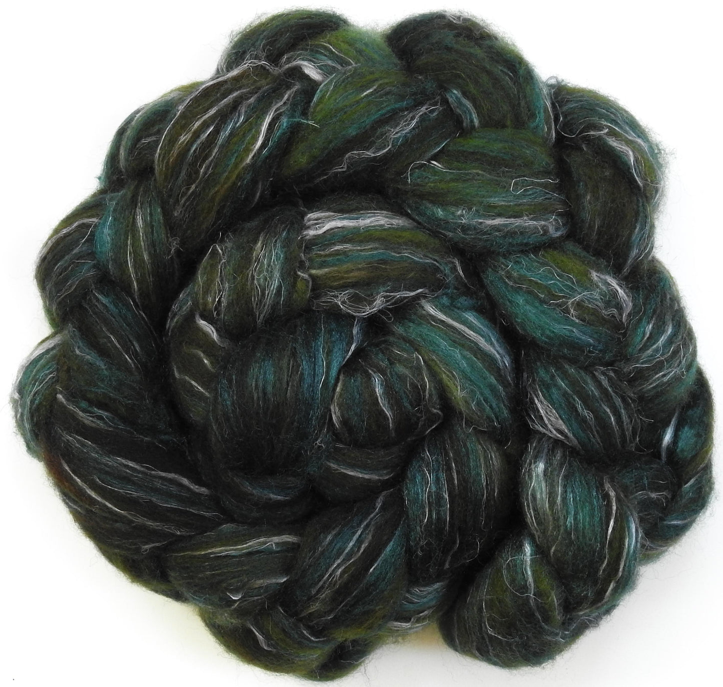 Hemlock - Batt in a Braid #32 -(5.6 oz) Manx Loaghtan/ Wht Bfl / Tussah Silk/ Flax( 30/30/30/10)