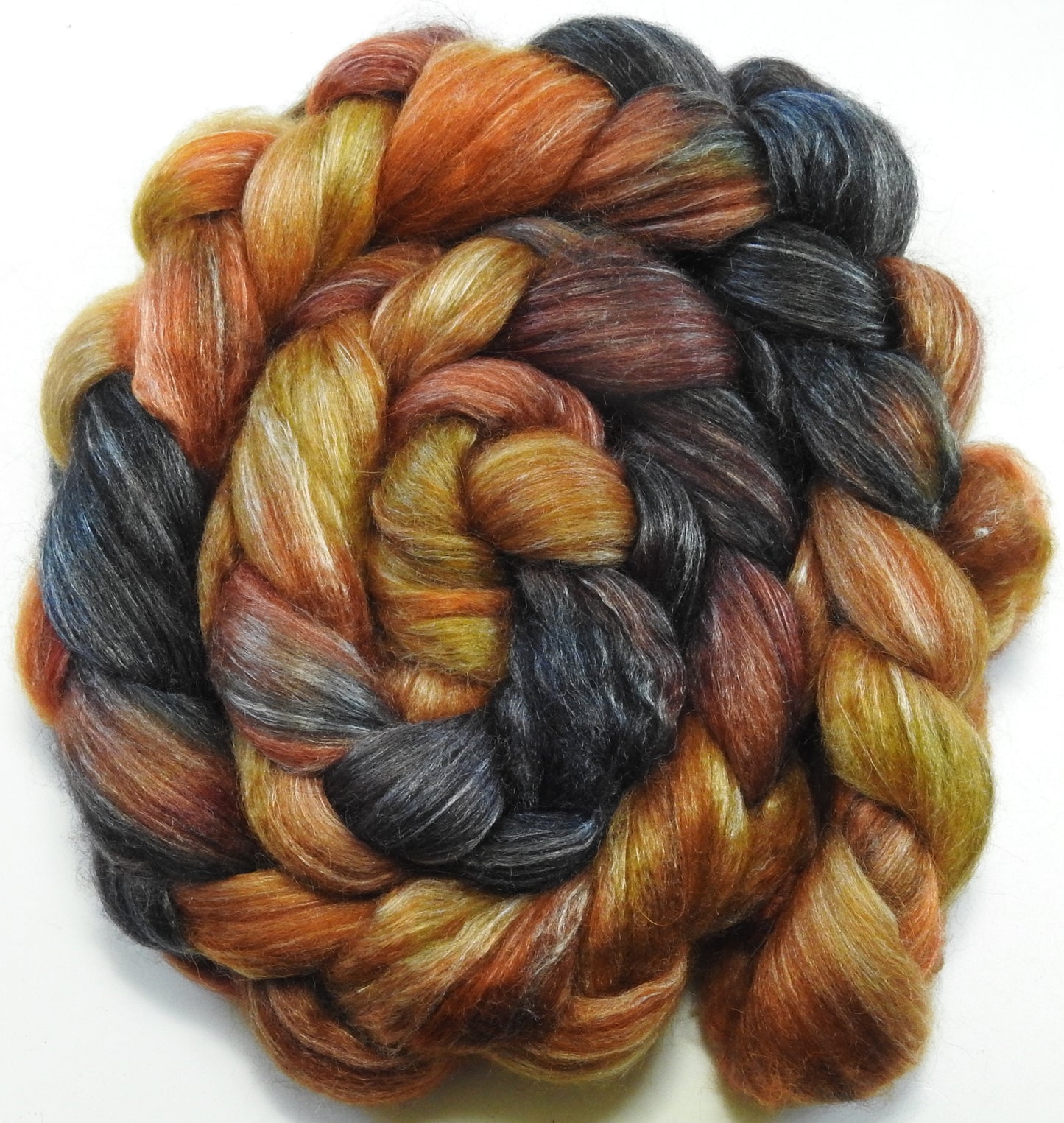 Pumpkin Juice (5.2 oz) Batt in a Braid #57- Camel/Baby Alpaca/Mint fiber (50/25/25)