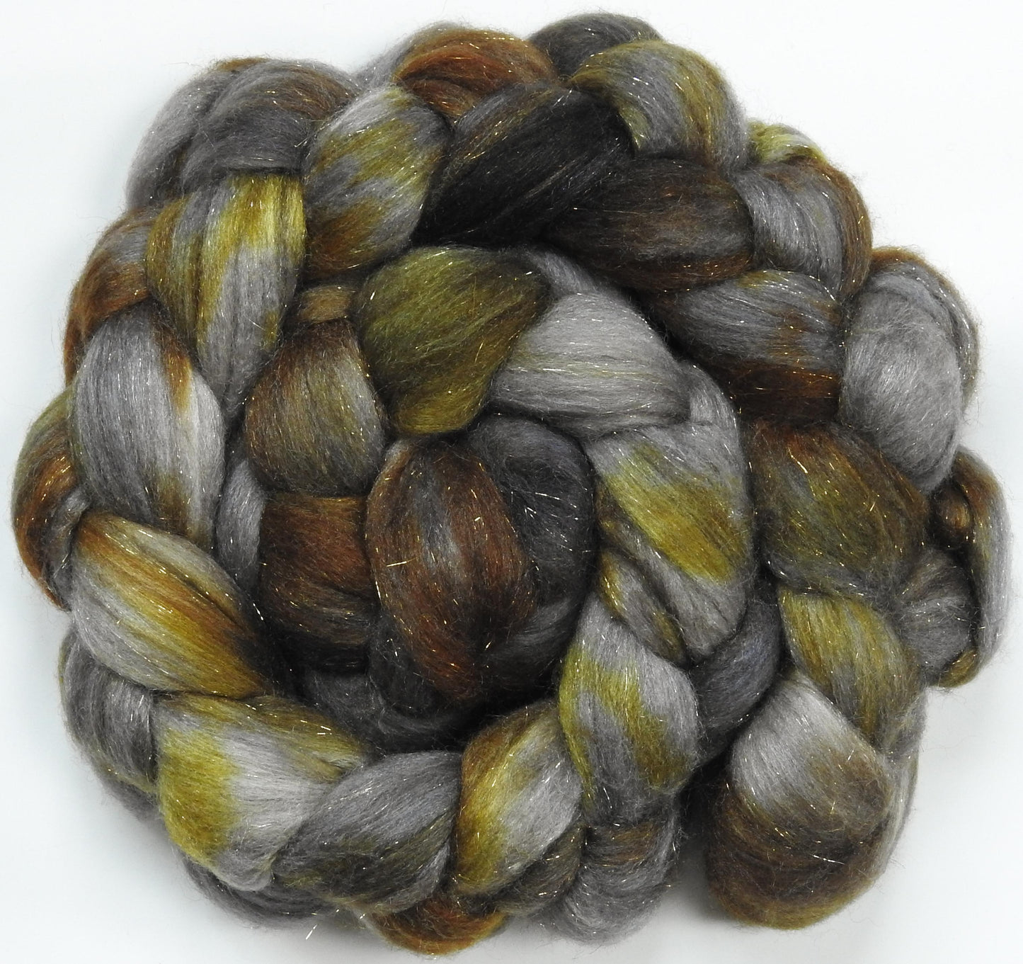 Metallurgy -Glazed Solid- Batt in a Braid #53- YAK/ Tussah silk/ Superfine Merino/Gold Stellina(30/30/30/10)