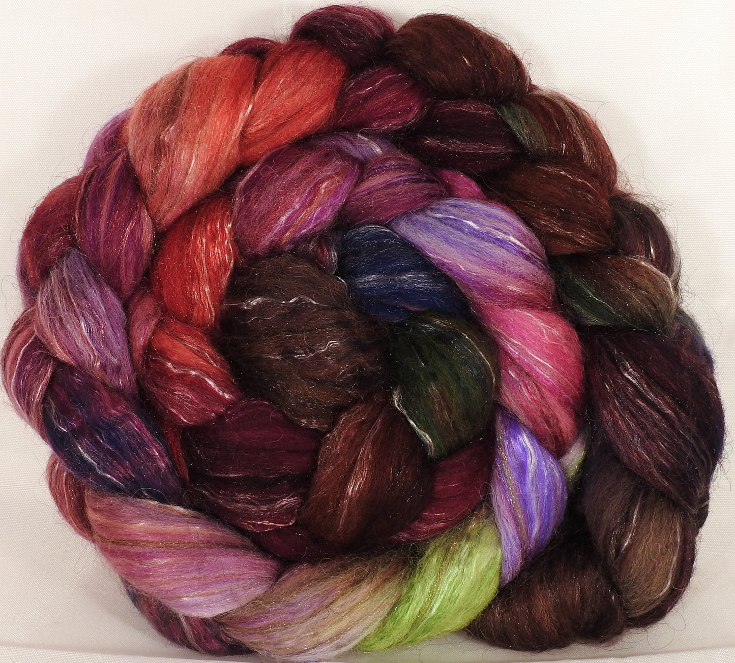 Batt in a Braid #31- Plum Pudding - (6.5 oz) Polwarth/ Mulberry Silk / Baby Alpaca / Rainbow Firestar/ Tencel( 40/25/15/10/10) - Inglenook Fibers